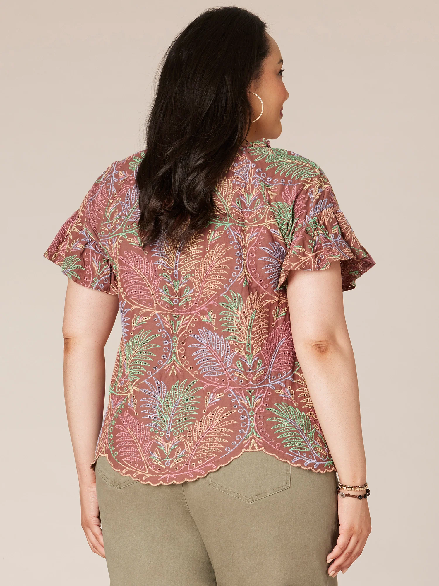 Short Ruffle Sleeve Round Split Neck Printed Plus Size Woven Top - Legahigh