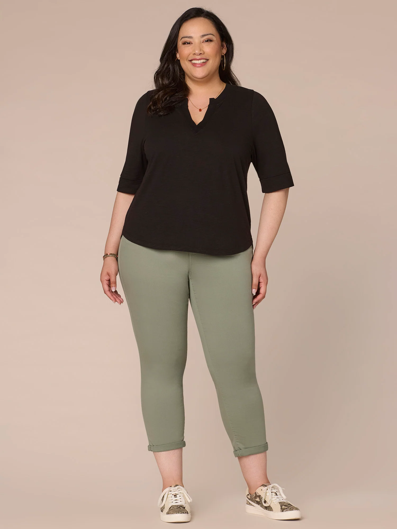 Roll Cuff Sleeve Round Split V-Neck Surplus Hem Plus Size Knit Top - Legahigh