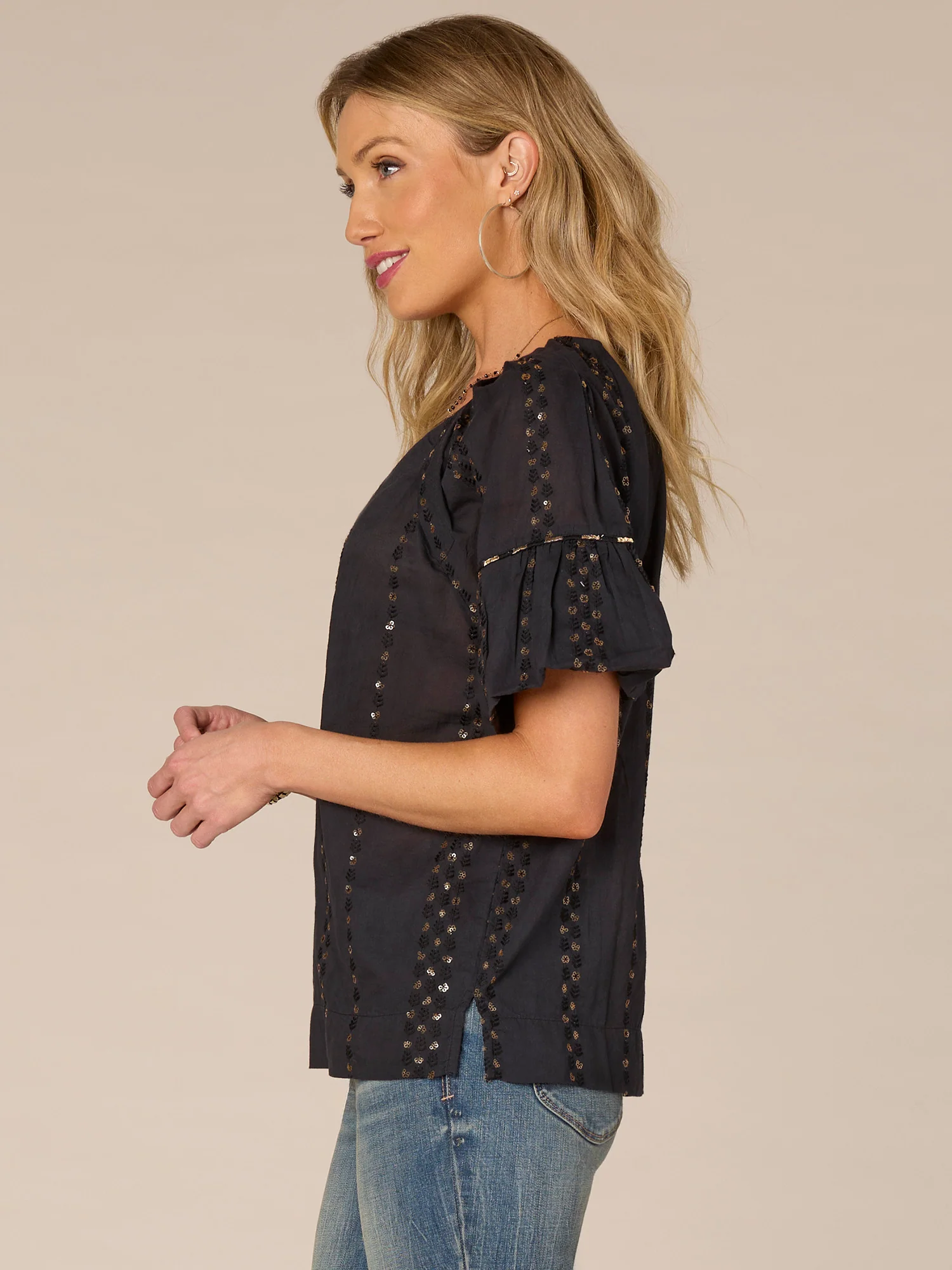 Bubble Sleeve Spliced V-Neck Embroidered Placket Petite Woven Top - Legahigh