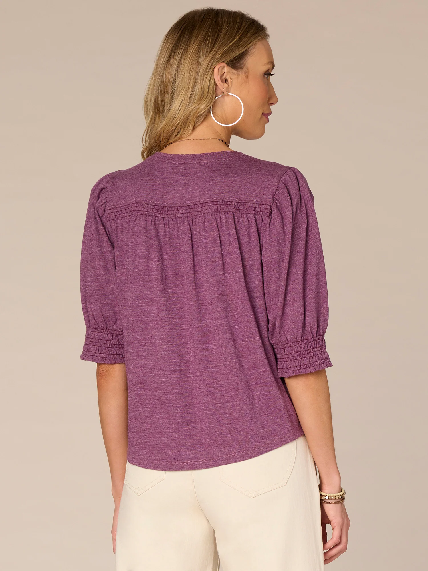 Elbow Blouson Sleeve Scallop V-Neck Knit Top with Smocking Detail - Legahigh