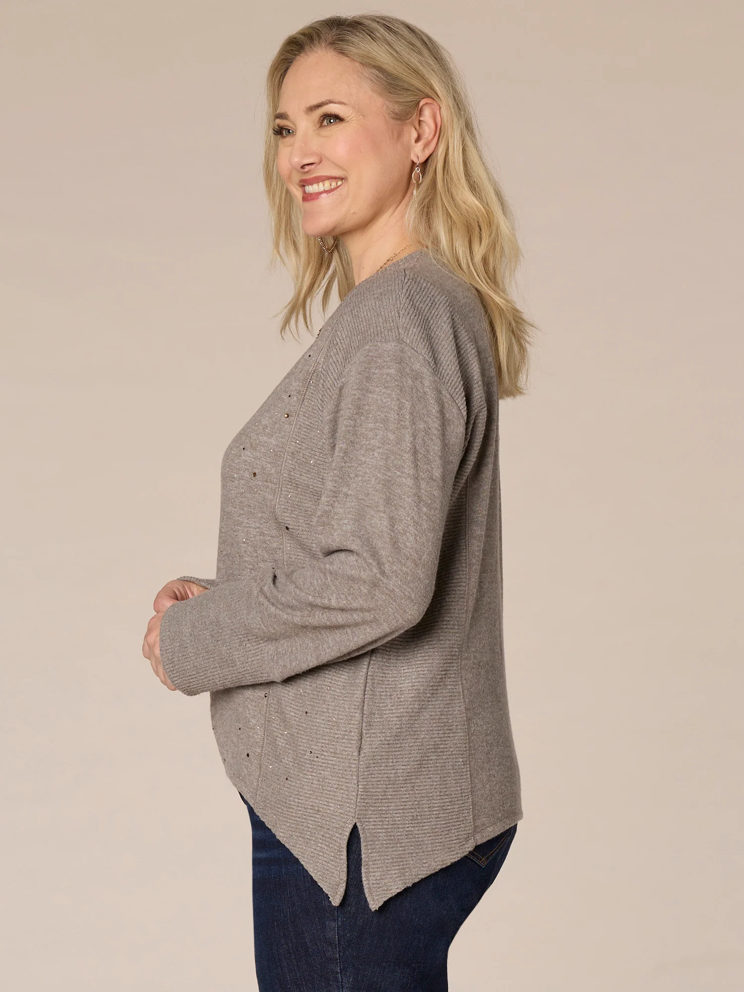 Long Sleeve Scoop Neck Mixed Media Plus Size Knit Top with Rhinestones - Legahigh