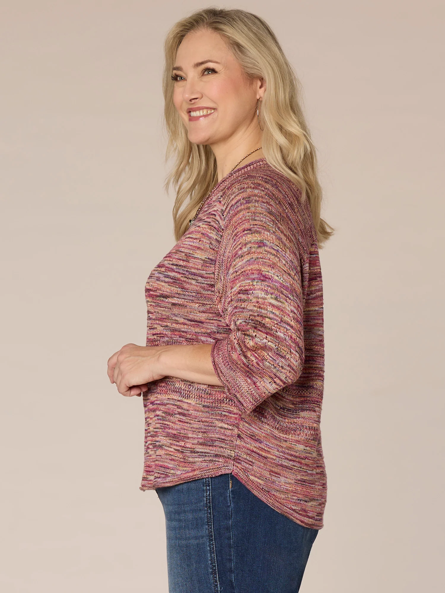 Elbow Sleeve Round Neck Space Dye Plus Size Sweater - Legahigh