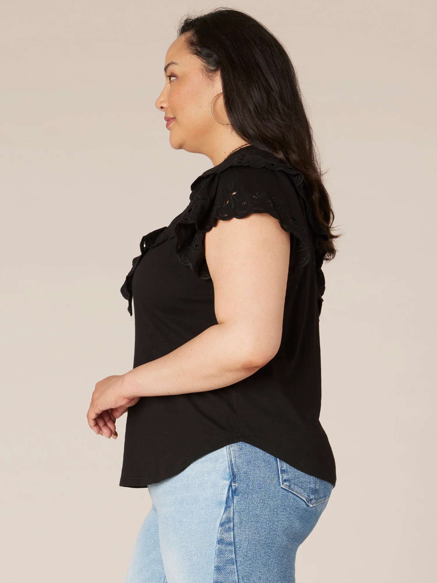 Short Ruffle Raglan Sleeve Scoop Neck V-Yoke Plus Size Knit Top - Legahigh