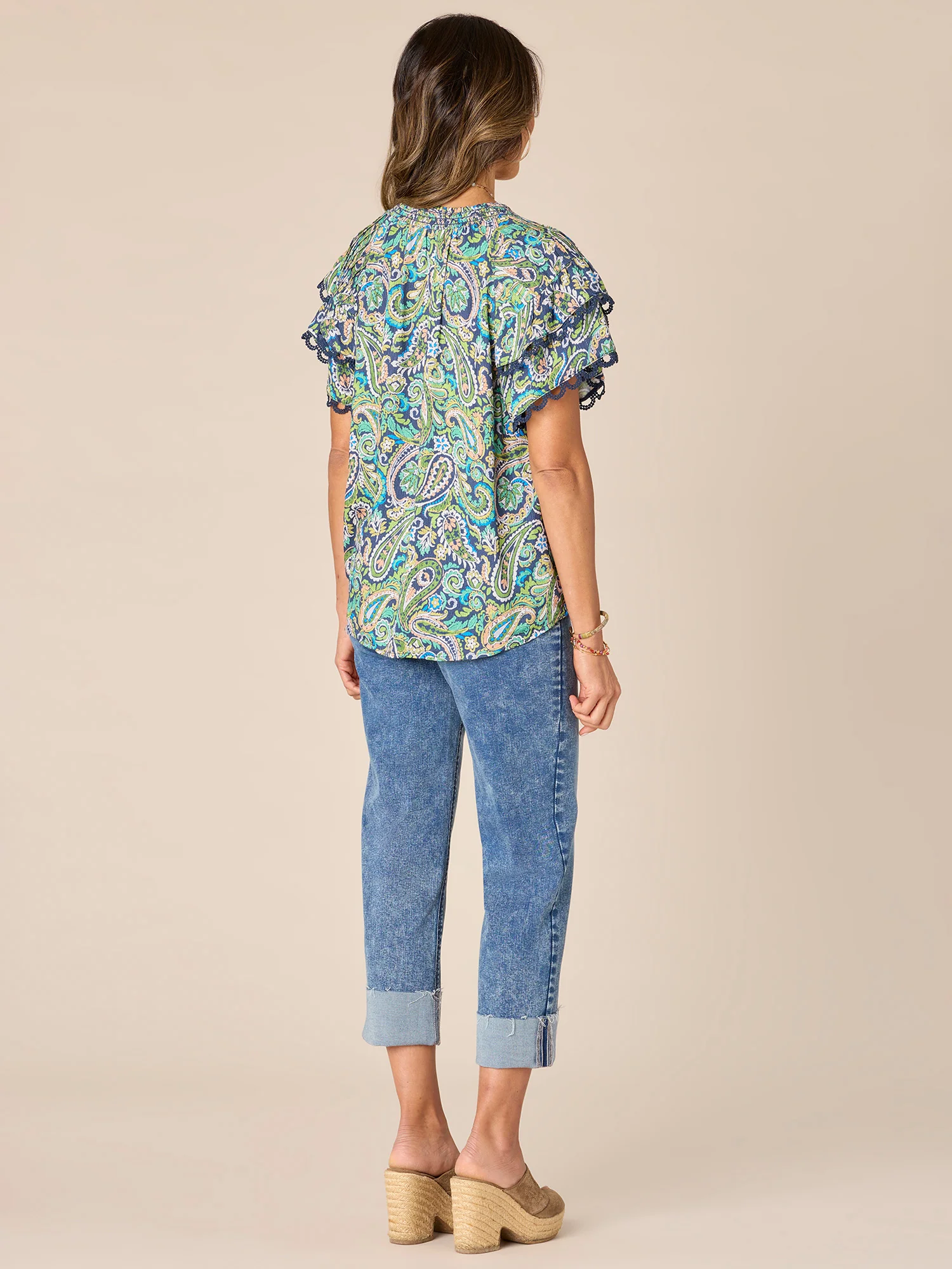 Short Double Flounce Sleeve Smock Neck Printed Woven Top - Legahigh