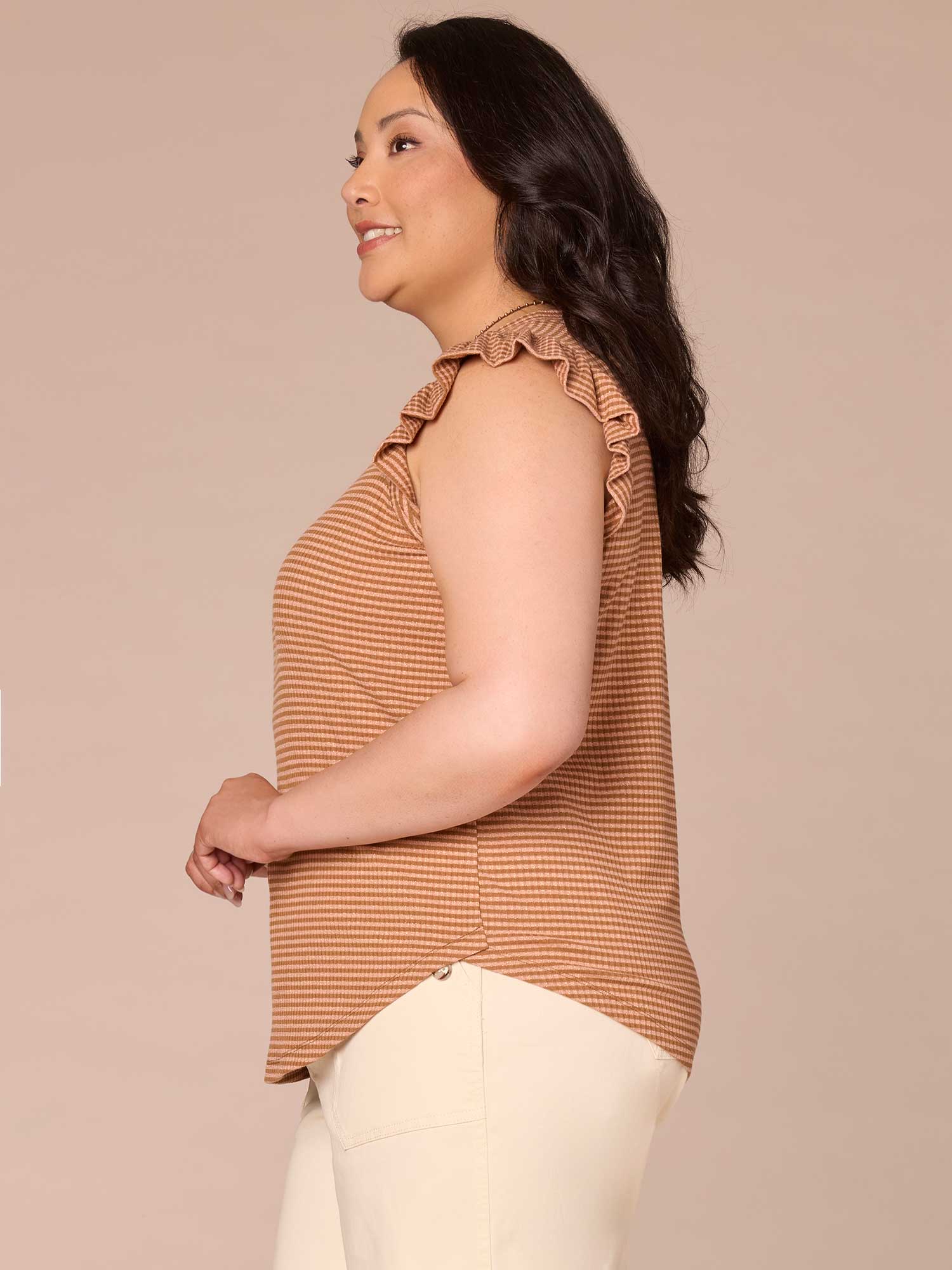 Ruffle Cap Sleeve Crew Neck Metallic Stripe Plus Size Knit Top - Legahigh