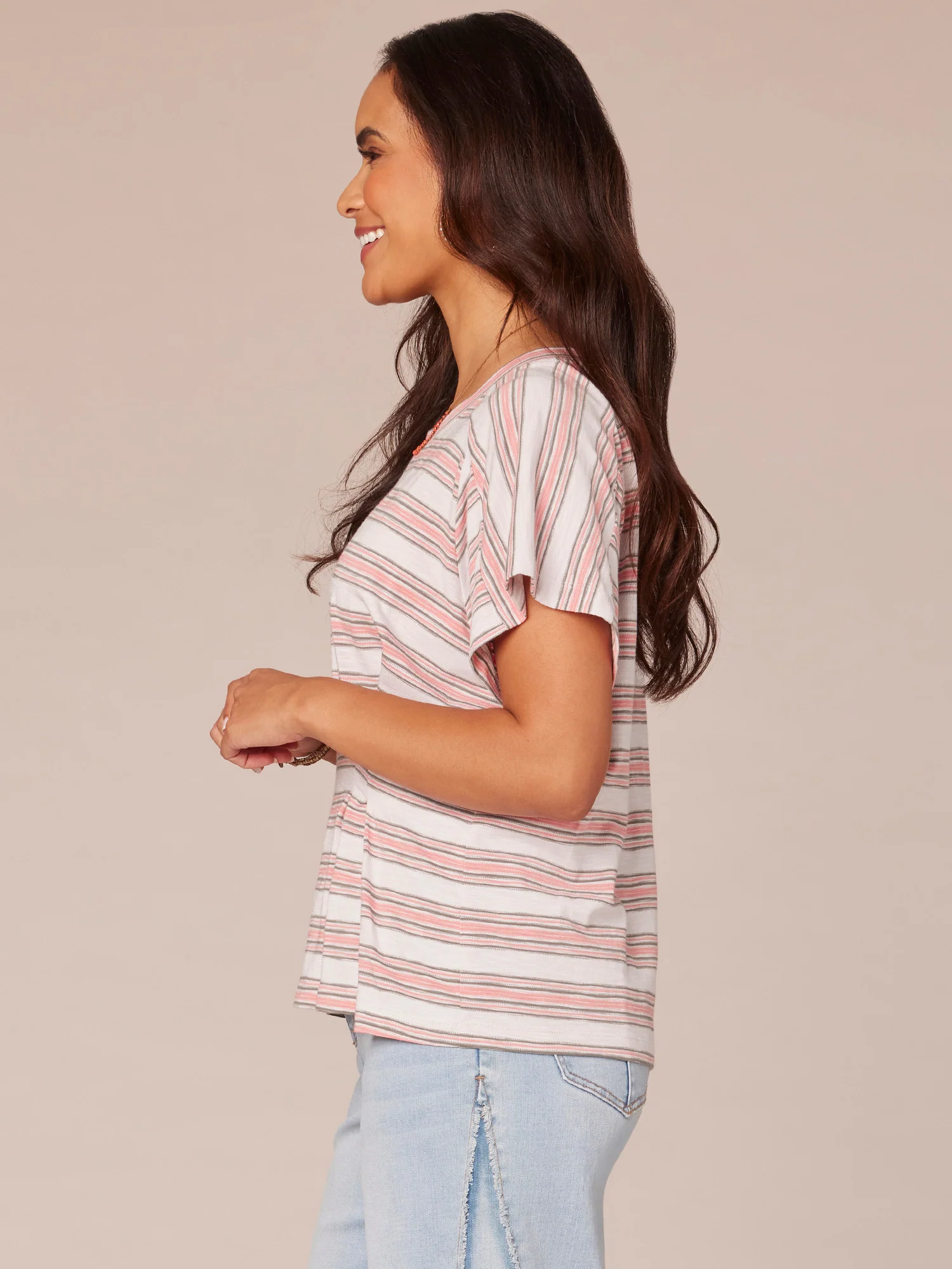 Short Sleeve Crew Neck Stripe Print Petite Knit Top with Pleating - Legahigh