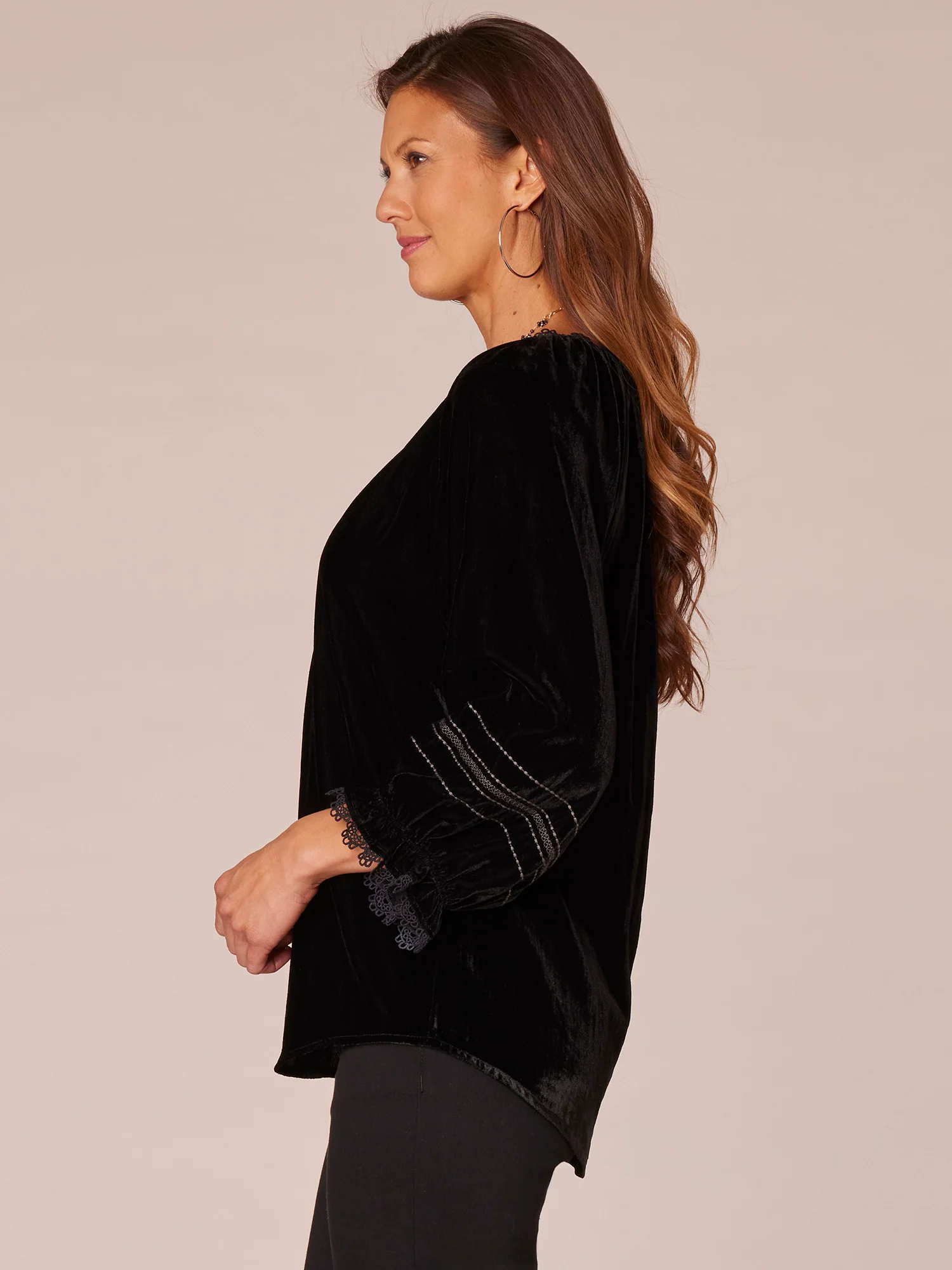 Three Quarter Blouson Sleeve Split V-Neck Embroidered Woven Top - Legahigh