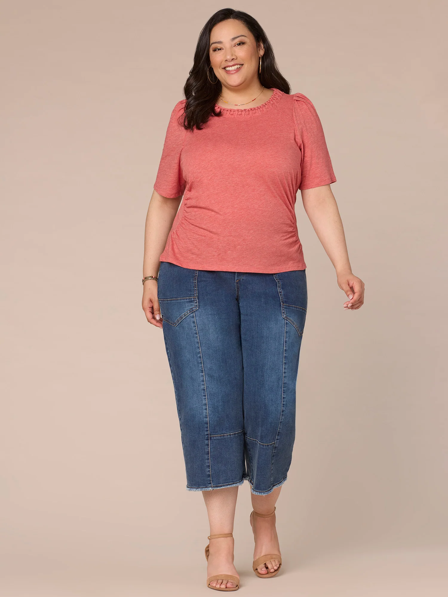 Pleated Elbow Sleeve Scoop Neck Plus Size Knit Top with Side Ruching - Legahigh