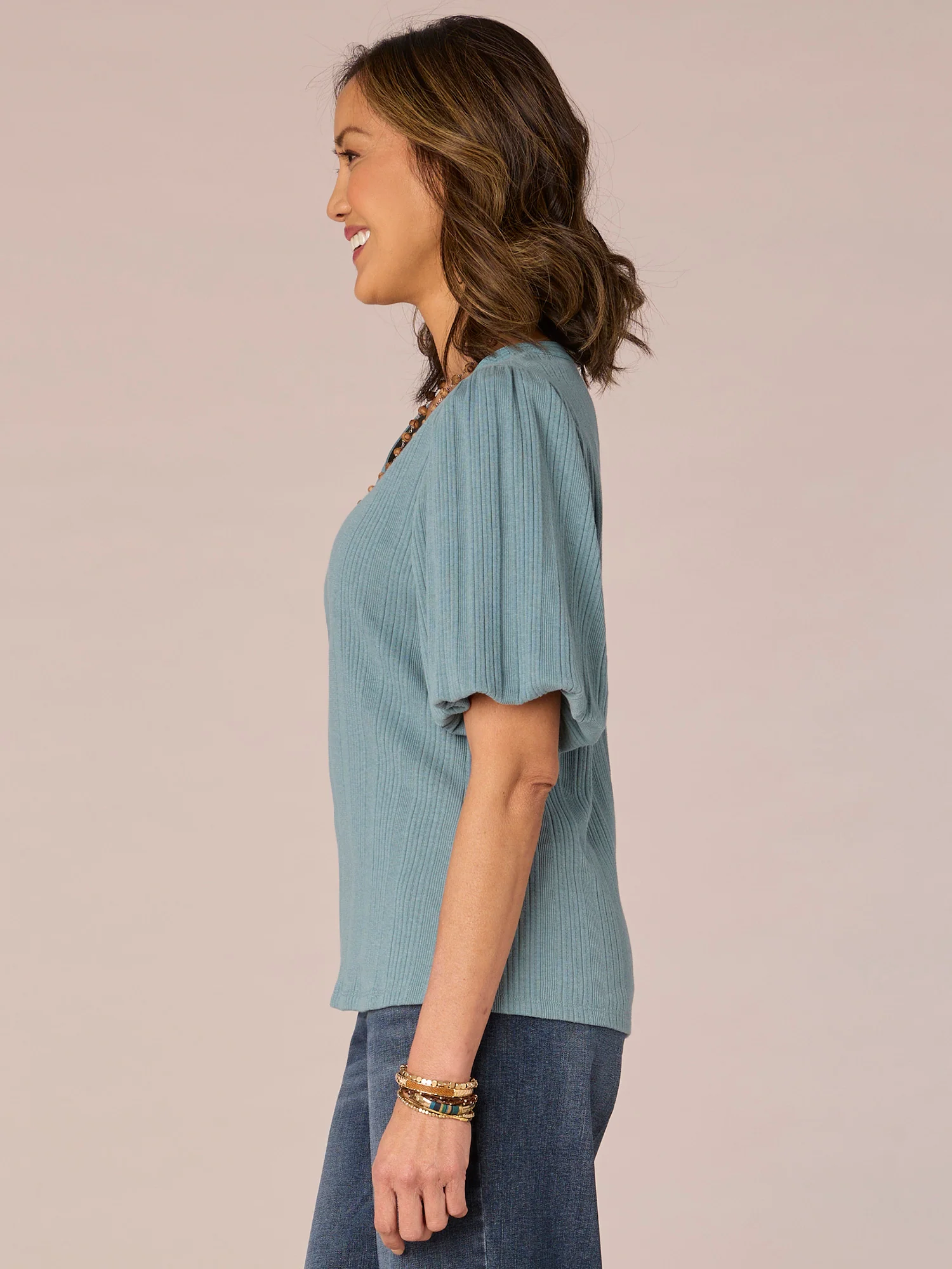 Short Blouson Puff Shoulder Sleeve Scoop Neck Mixed Media Knit Top - Legahigh