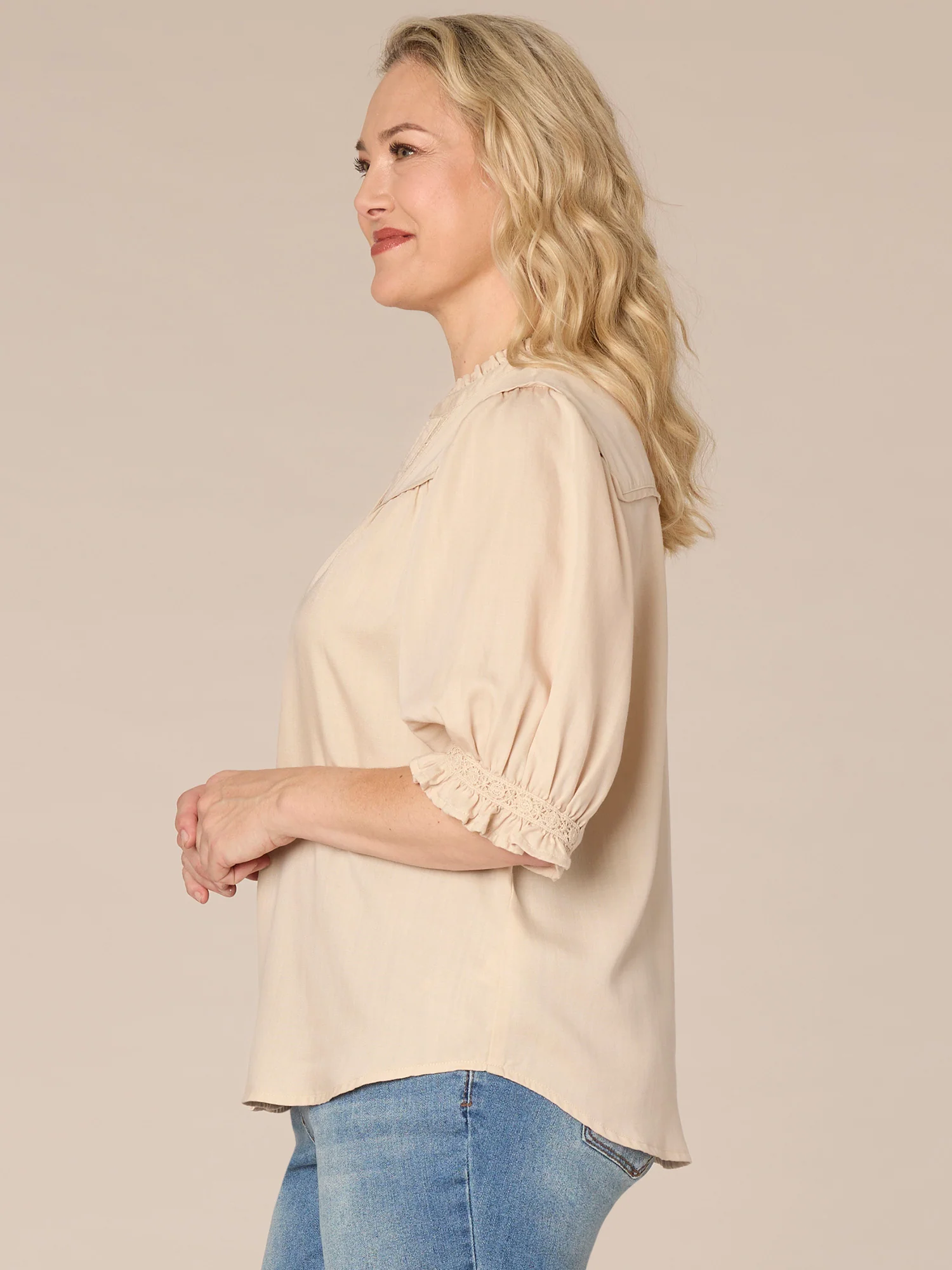 Below Elbow Sleeve Collar V-Neck Button Down Plus Size Woven Top - Legahigh