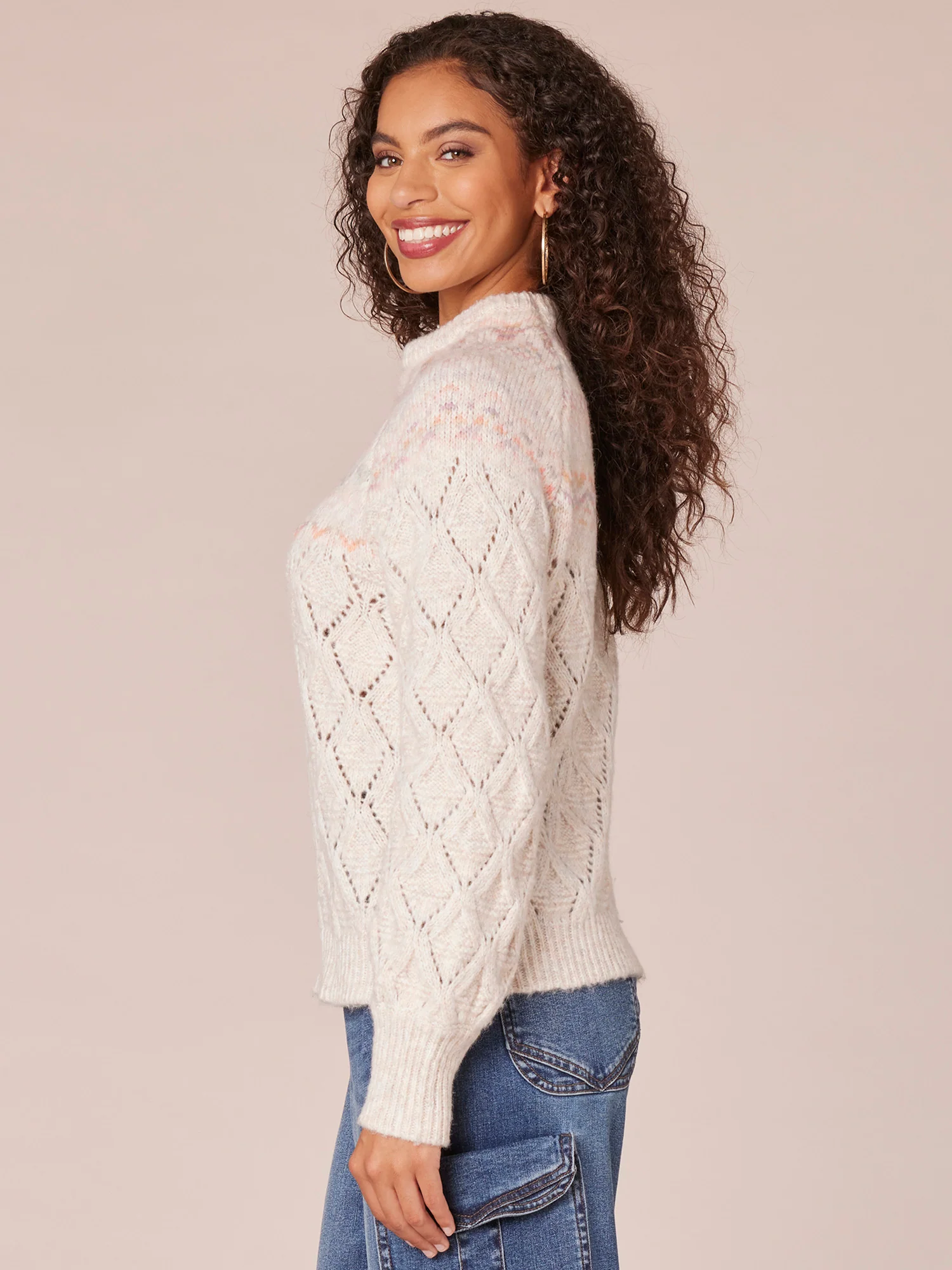 Long Sleeve Round Neck Fair Isle Pointelle Petite Sweater - Legahigh