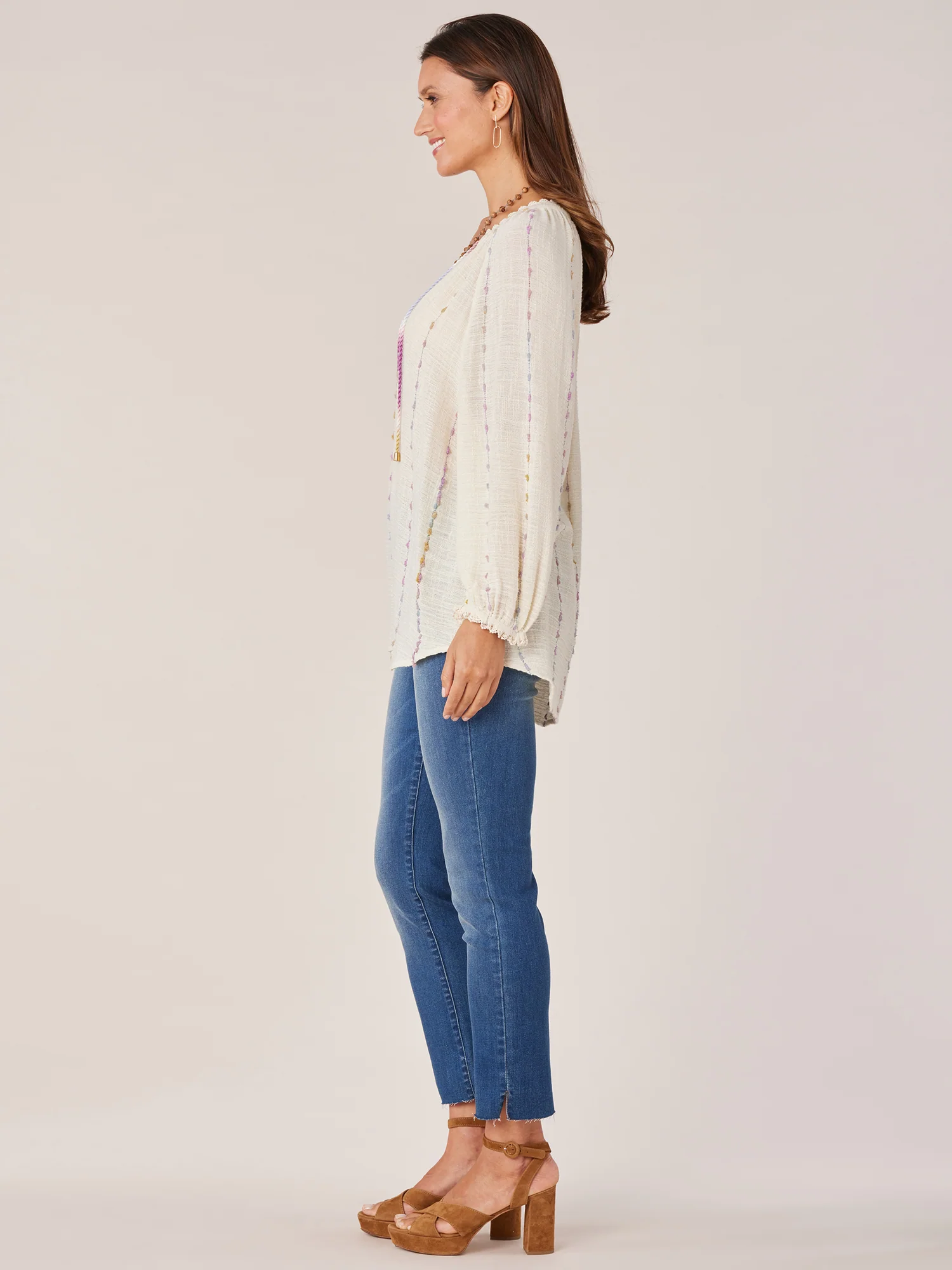Petite Long Blouson Sleeve V-Neck Crochet Woven Top with Braided Ties - Legahigh