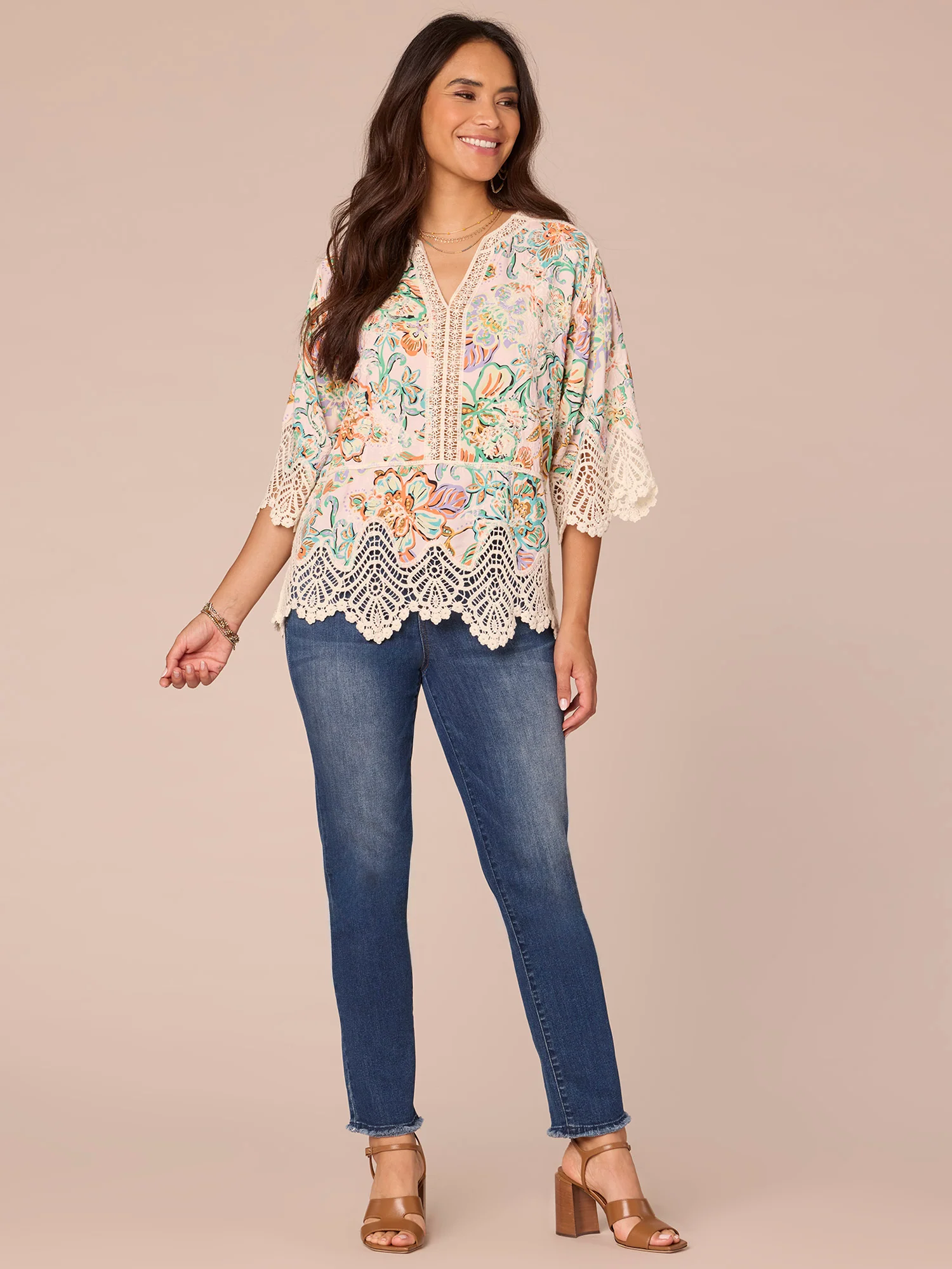 Three Quarter Sleeve V-Notch Neck Peplum Crochet Printed Woven Top - Legahigh