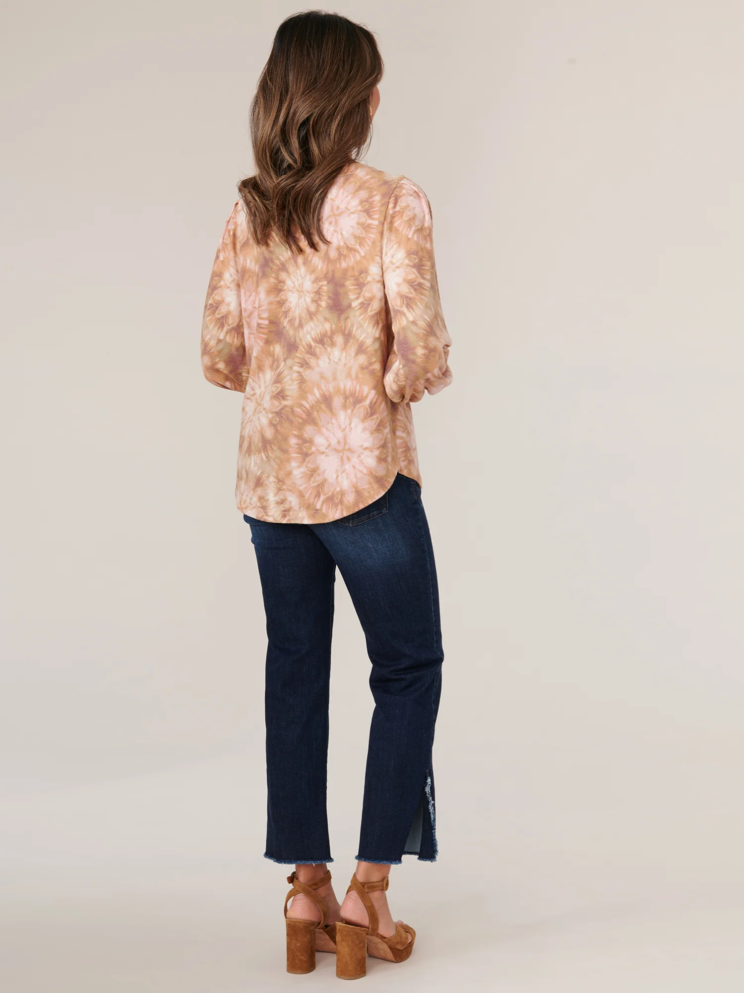 Long Blouson Sleeve Lace Up Scoop Neck Printed Knit Top - Legahigh