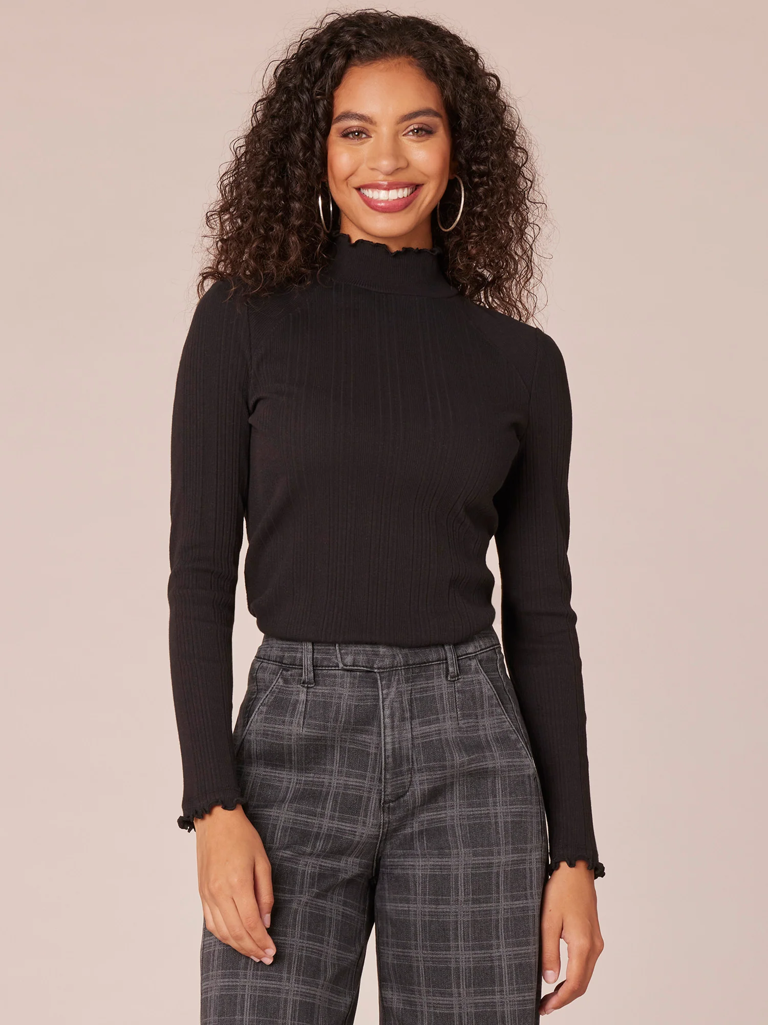 Long Raglan Sleeve Mock Neck Mixed Media Lettuce Edge Knit Top - Legahigh