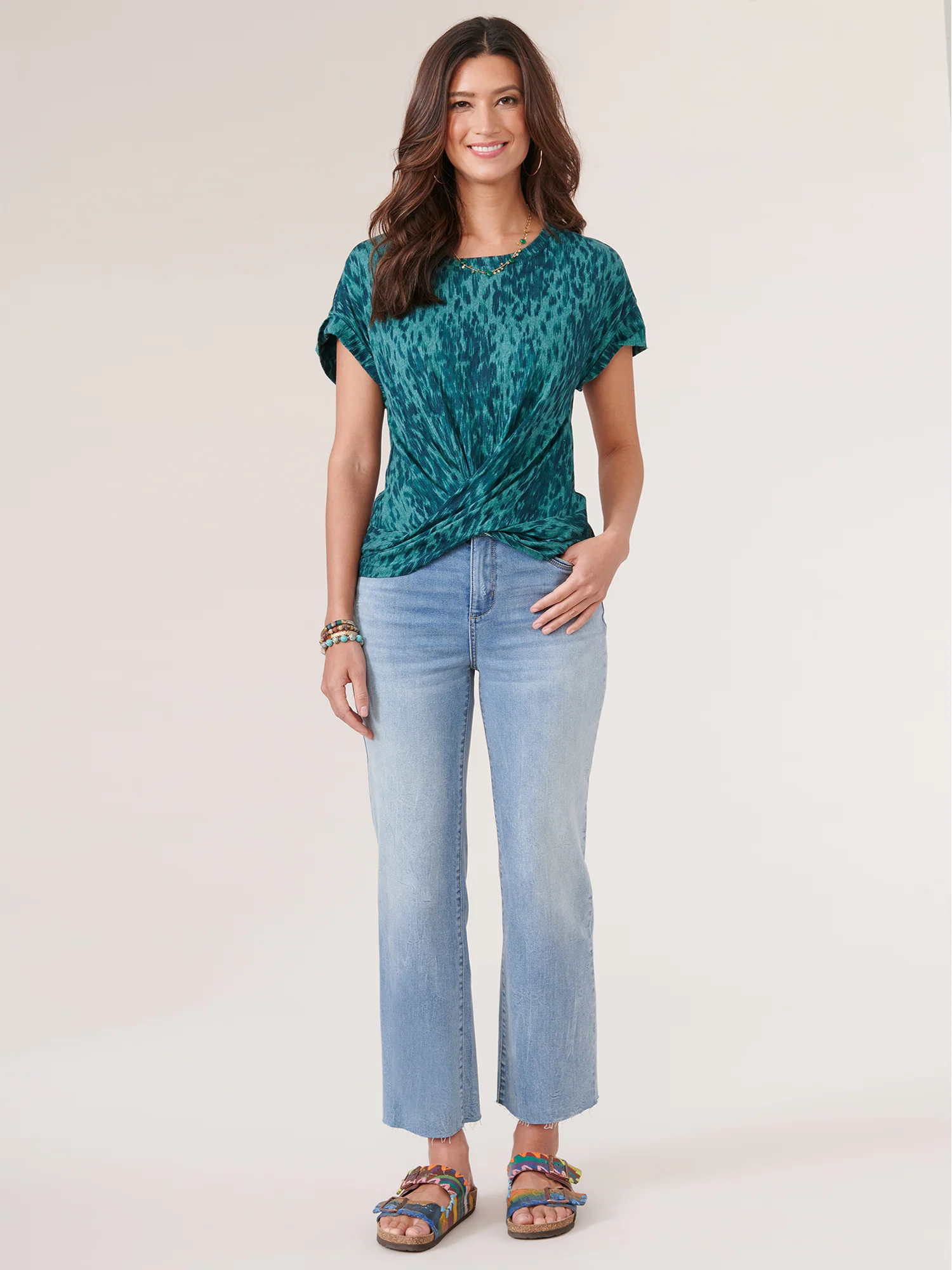 Roll Cuff Sleeve Scoop Neck Printed Twist Hem Petite Knit Top - Legahigh