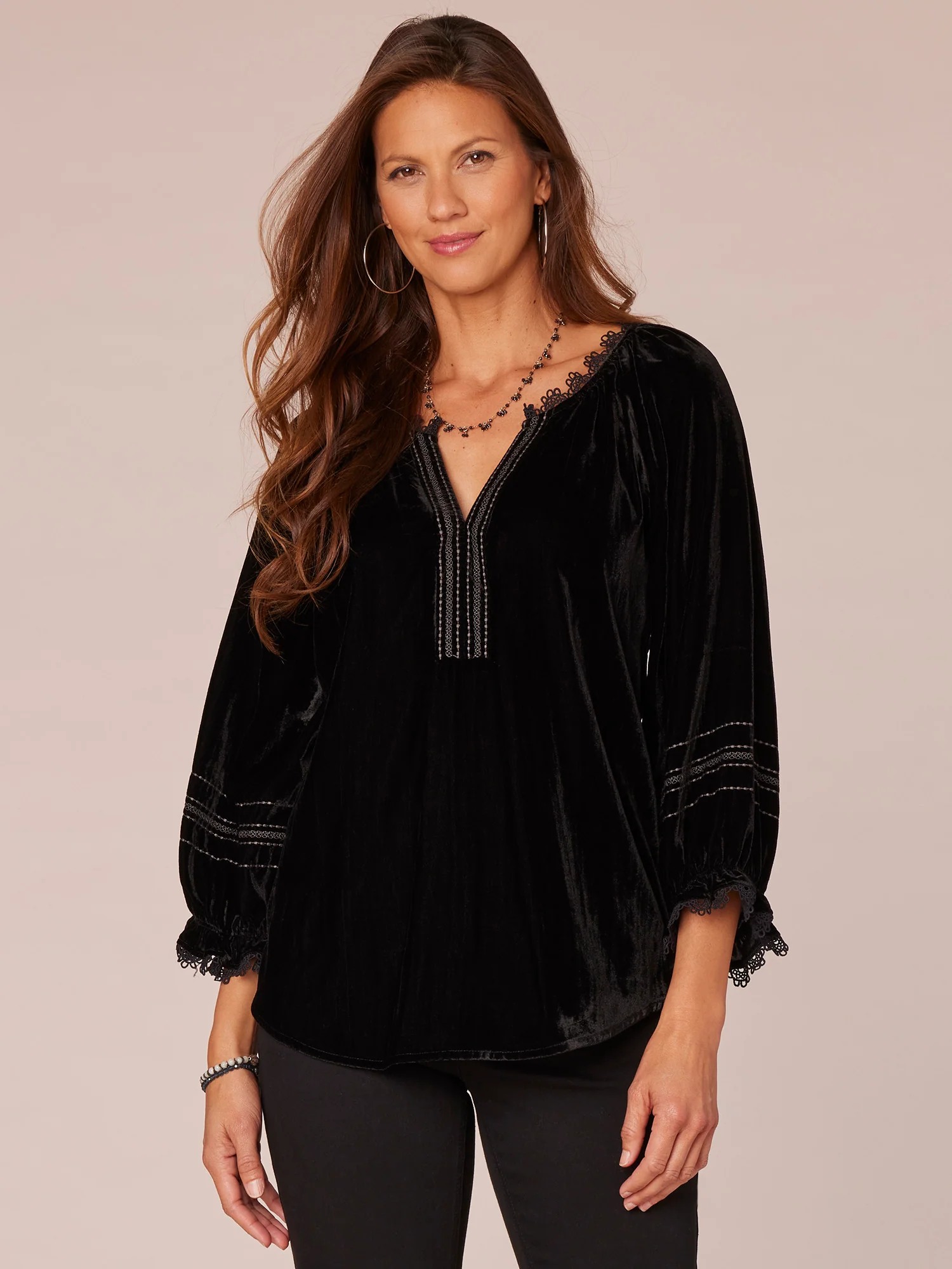 Three Quarter Blouson Sleeve Split V-Neck Embroidered Woven Top - Legahigh