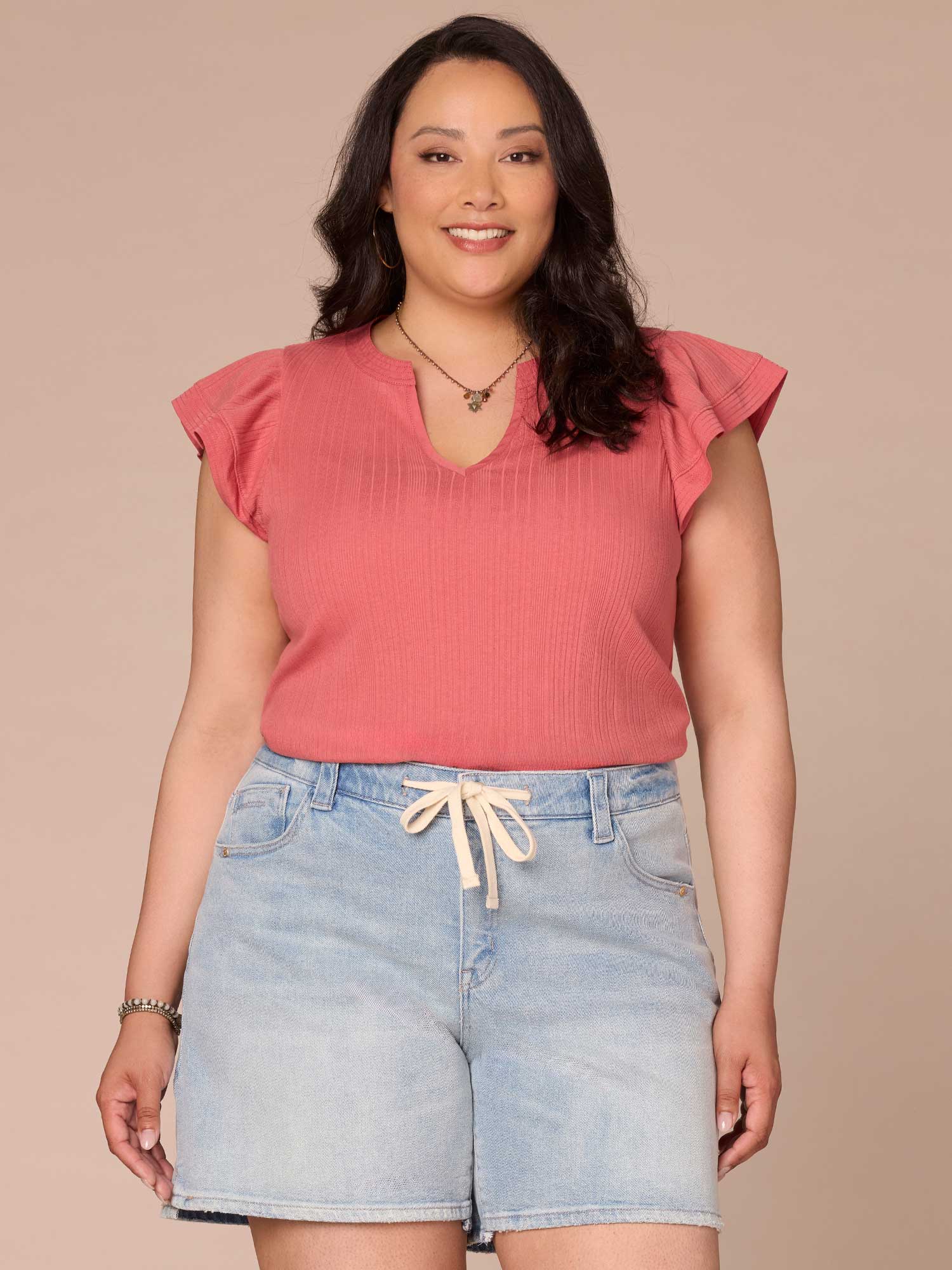 Flutter Cap Sleeve Round Split Neck Mixed Media Plus Size Knit Top - Legahigh