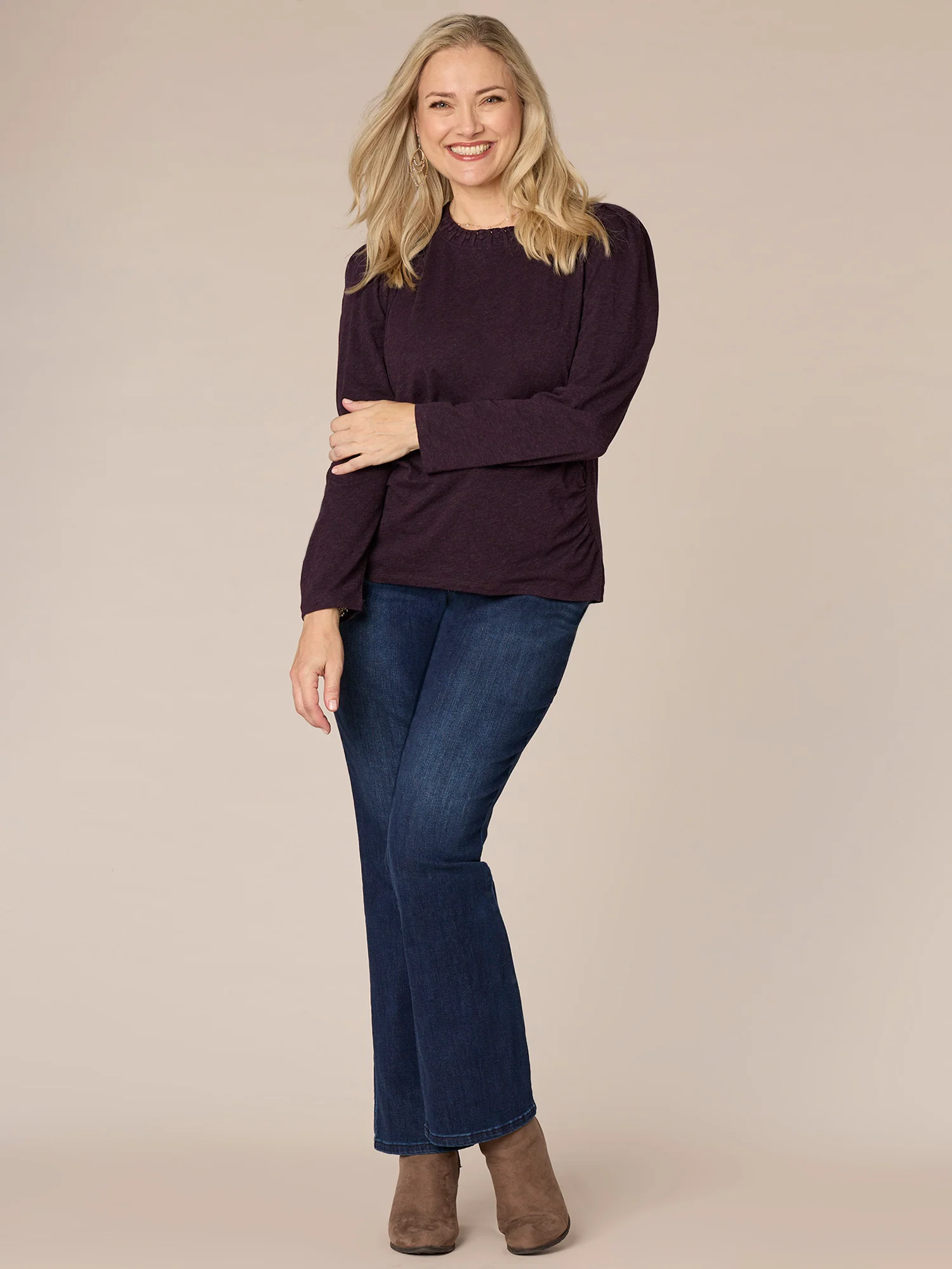 Long Sleeve Ruched Plus Size Knit Top with Soutache Embroidered Neck - Legahigh