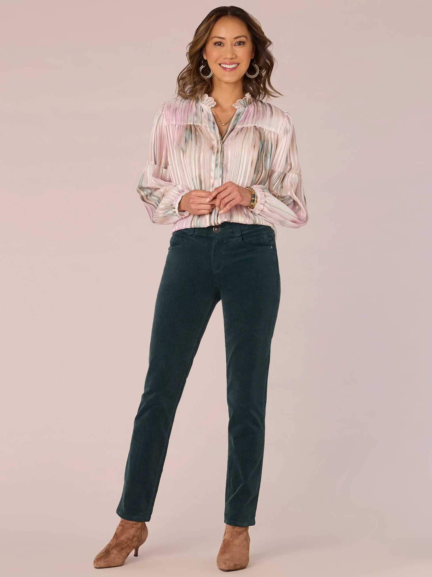 Long Sleeve Ruffle Edge Round Neck Button Front Stripe Woven Shirt - Legahigh