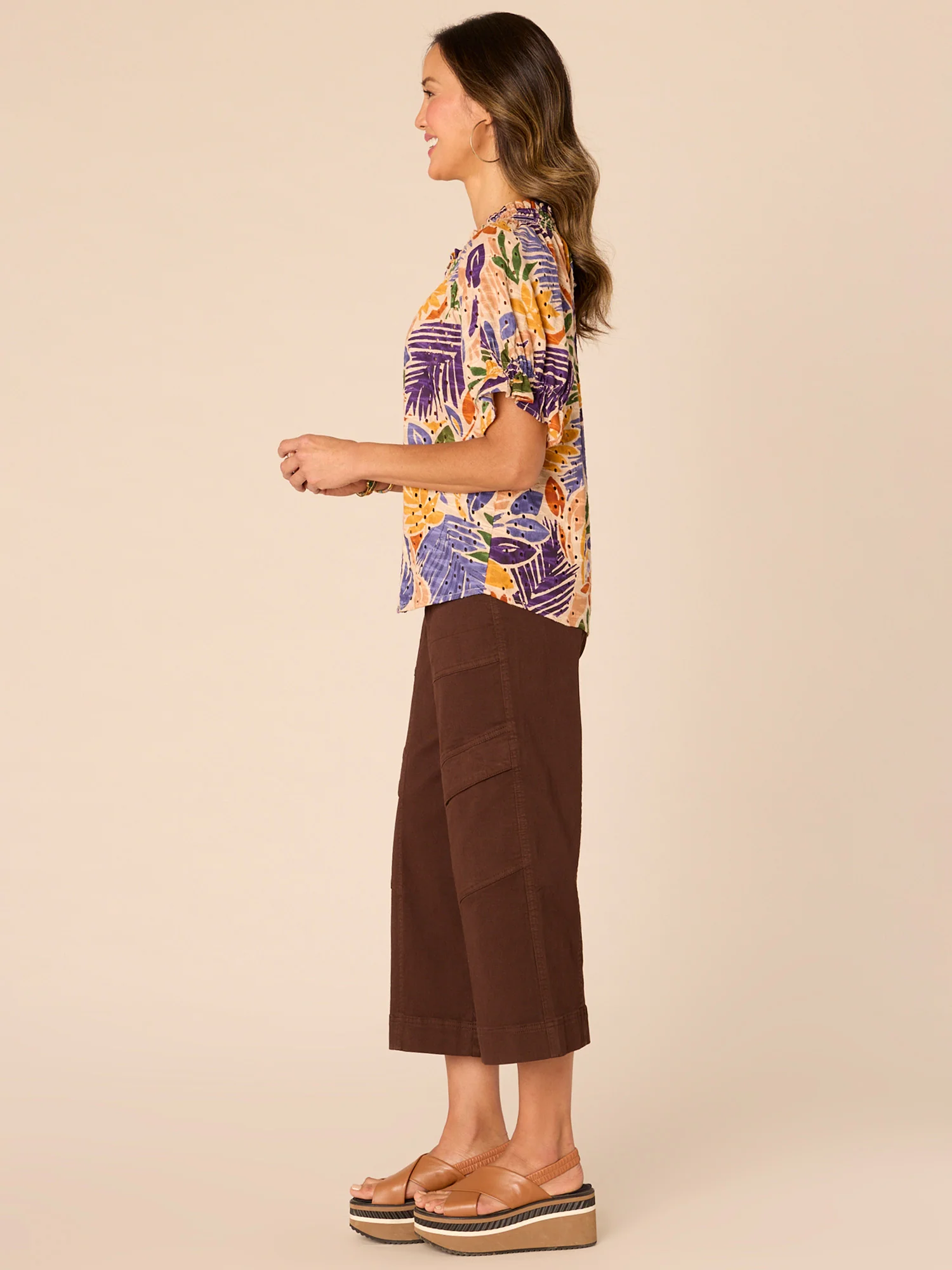 Short Raglan Sleeve Round Smock Neck Tropical Print Woven Top - Legahigh