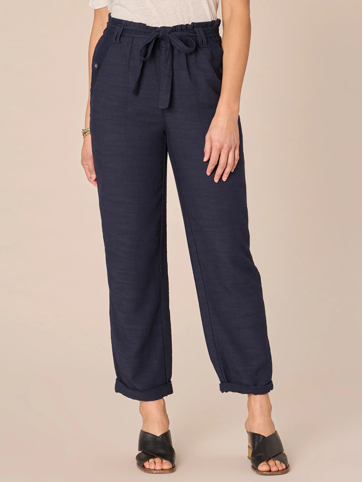 Skyrise Paper Bag Self Tie Waist Roll Cuff Barrel Leg Pant - Legahigh