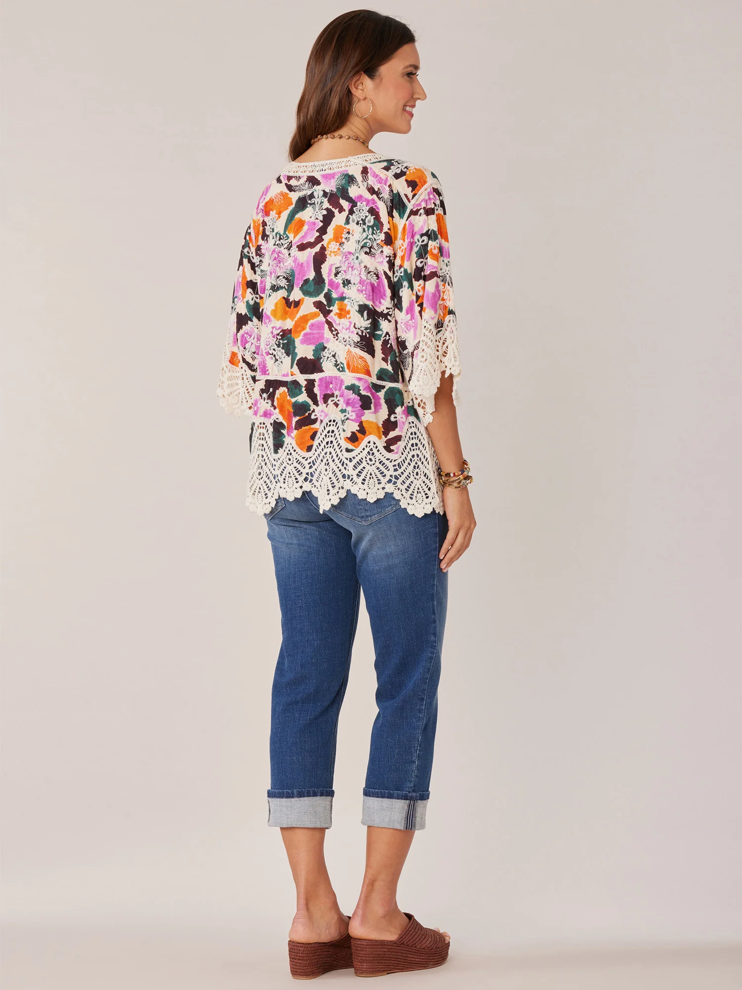 Three Quarter Sleeve V-Notch Neck Peplum Crochet Printed Woven Top - Legahigh