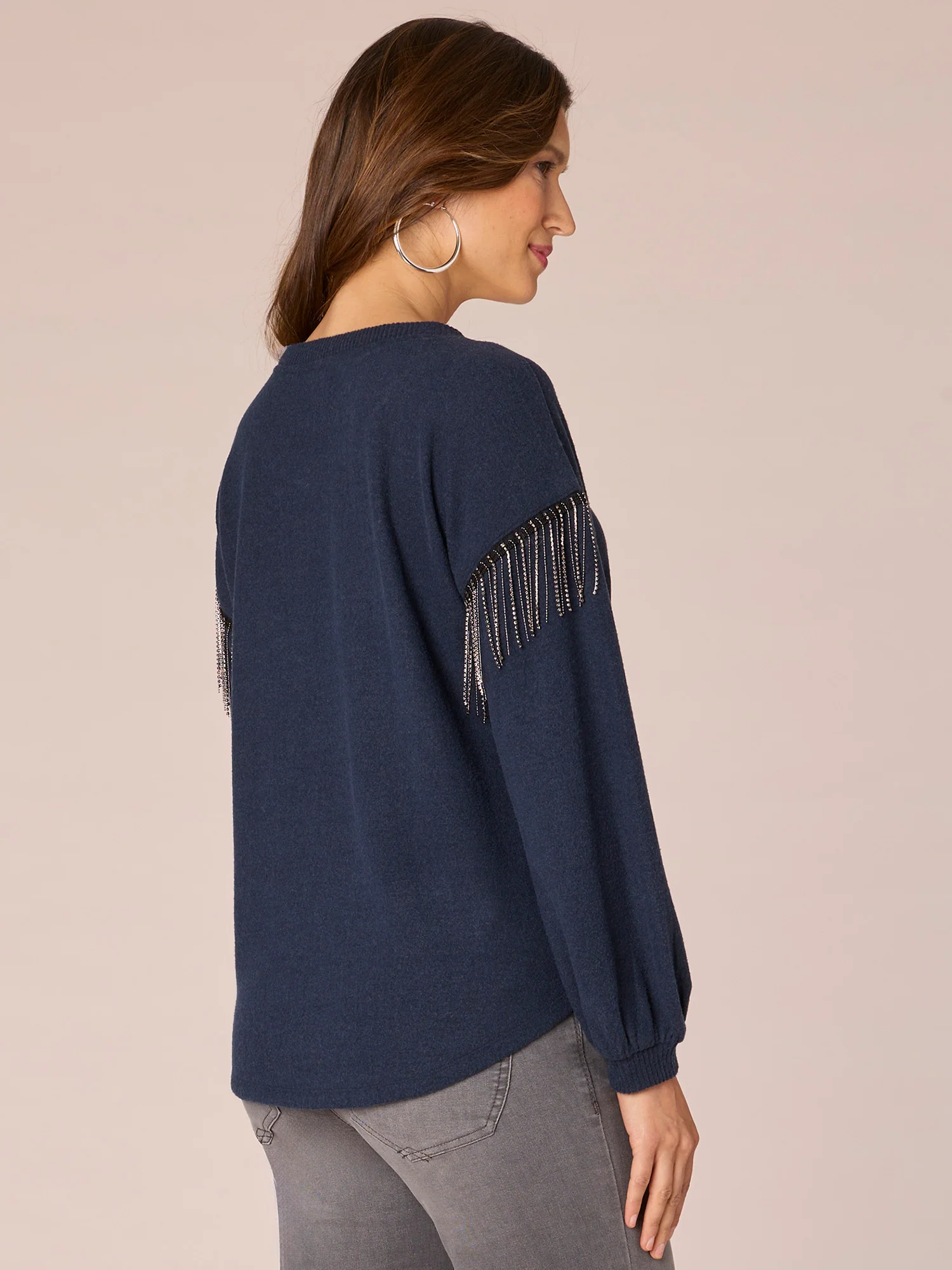 Long Drop Shoulder Sleeve Scoop Neck Rhinestone Fringe Knit Top - Legahigh