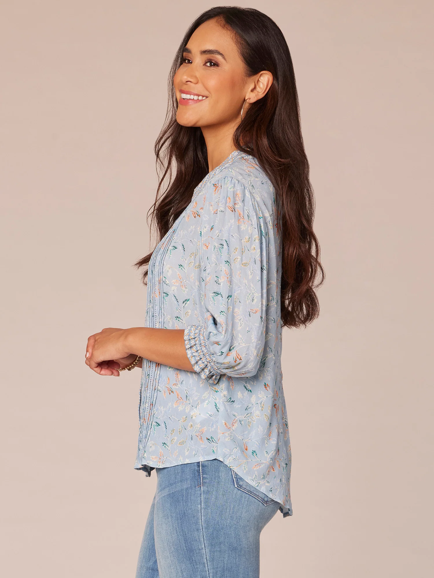 Cinched Sleeve Pintuck Picot Button Front Printed Petite Woven Shirt - Legahigh