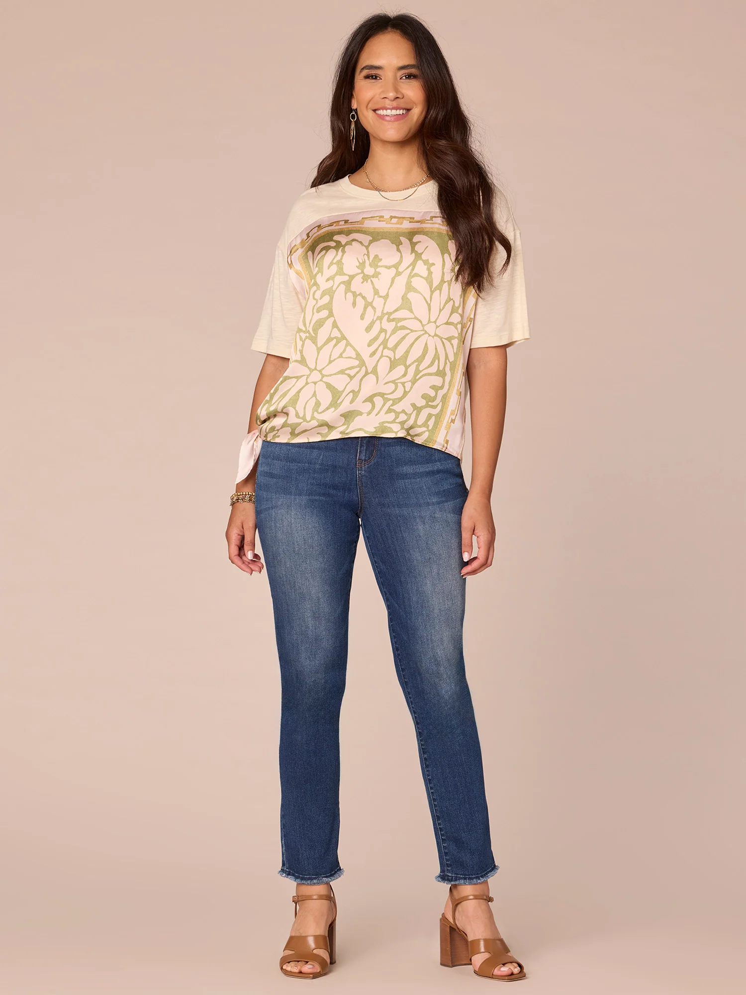 Elbow Sleeve Scoop Neck Side Tie Placement Print Mixed Media Knit Top - Legahigh