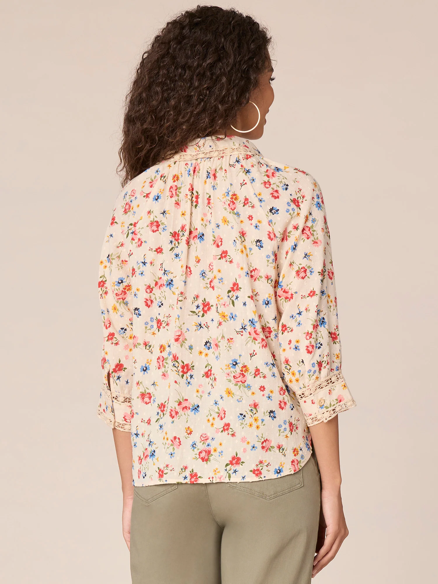 Raglan Sleeve Collared Crochet Button Down Printed Petite Woven Top - Legahigh