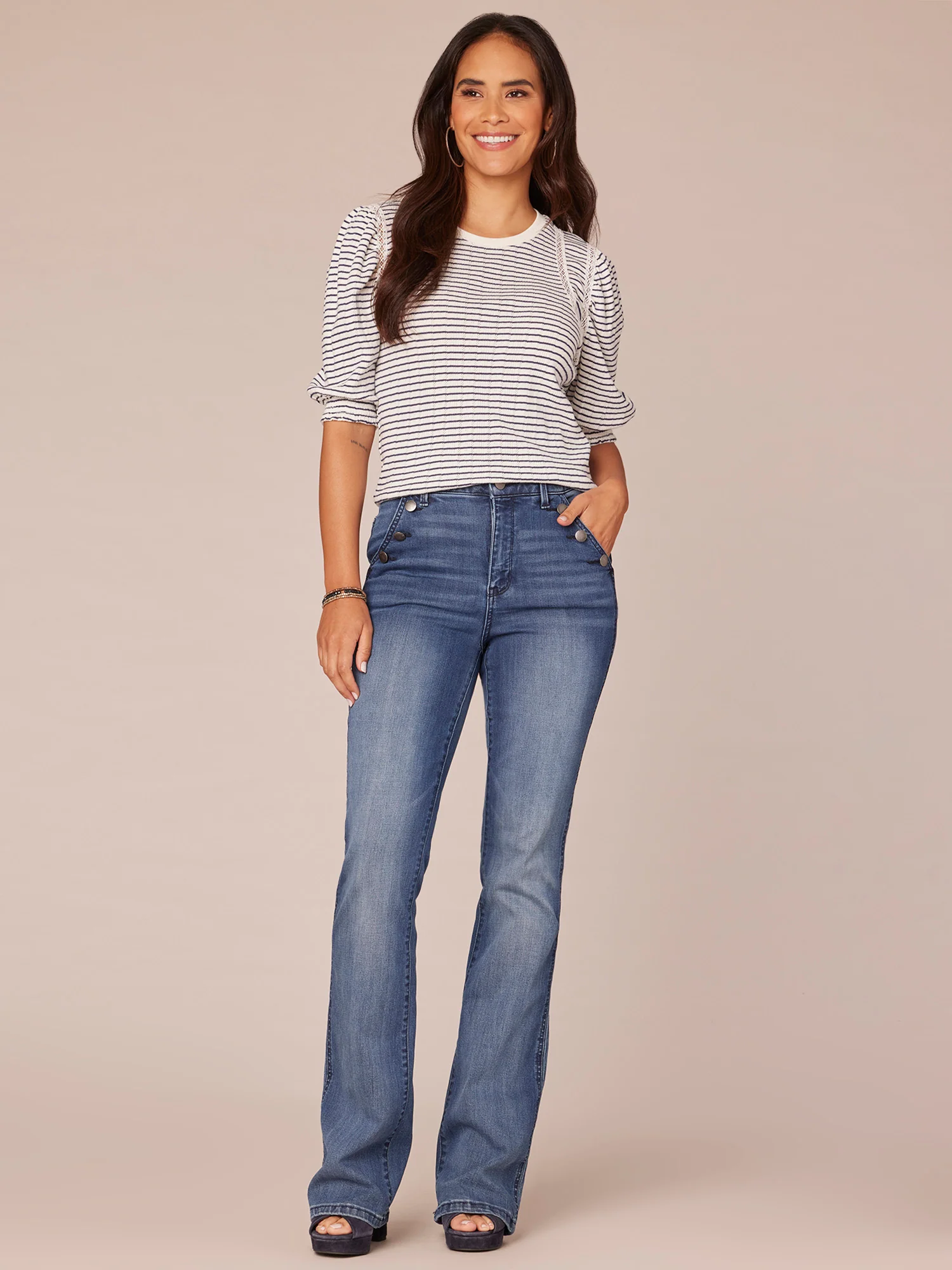 Elbow Sleeve Crew Neck Stripe Print Knit Top with Crochet Stitch - Legahigh