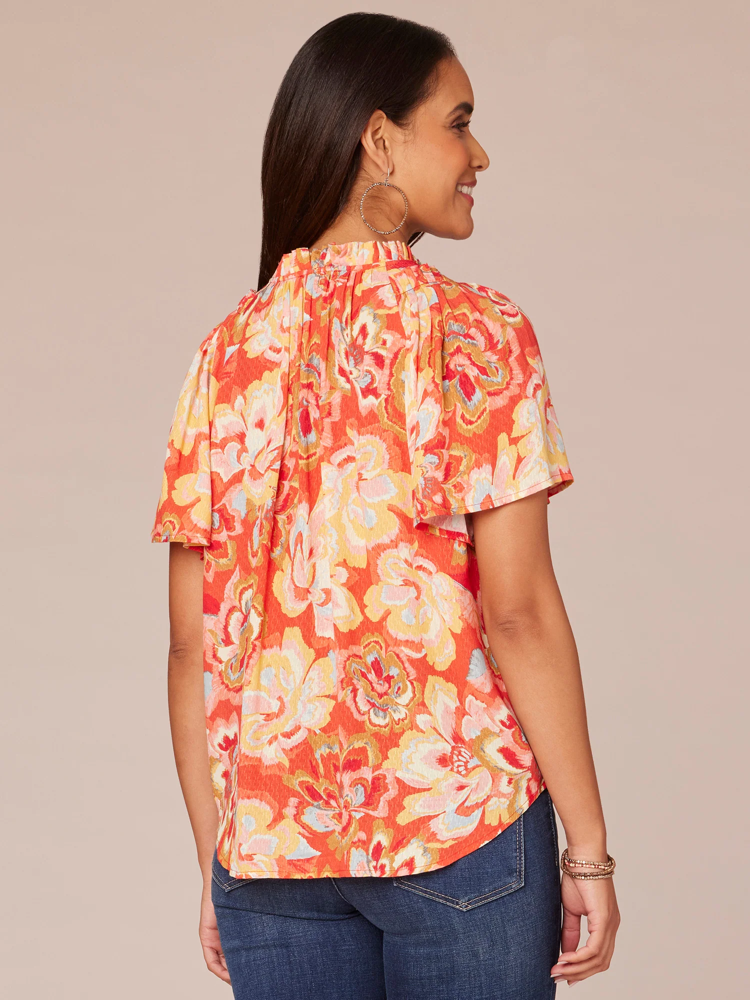 Short Bell Sleeve Ruffle Edge V-Neck Floral Print Woven Top - Legahigh