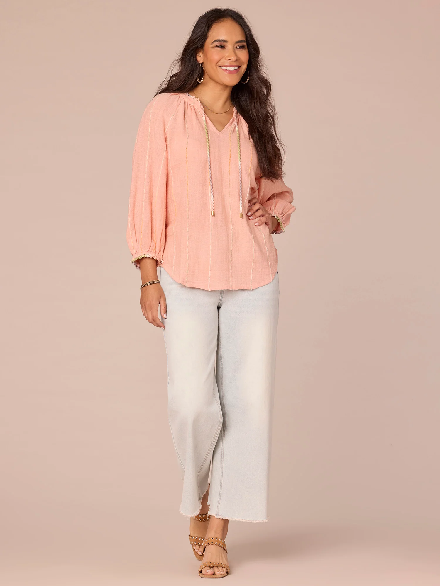 Long Crochet Blouson Sleeve Split V-Neck Braided Tie Front Woven Top - Legahigh