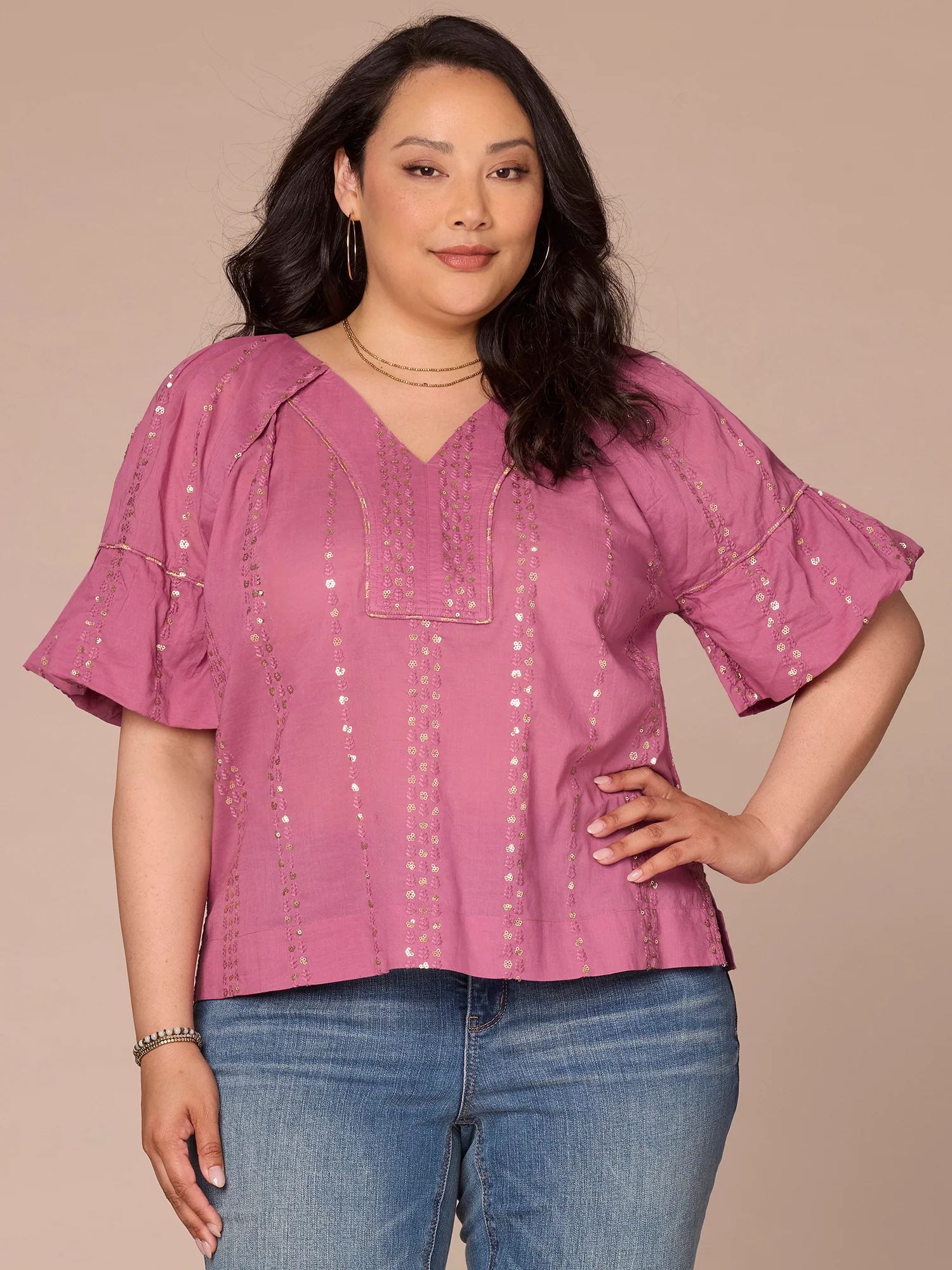 Short Banded Bubble Sleeve V-Neck Plus Size Woven Top with Embroidery - Legahigh