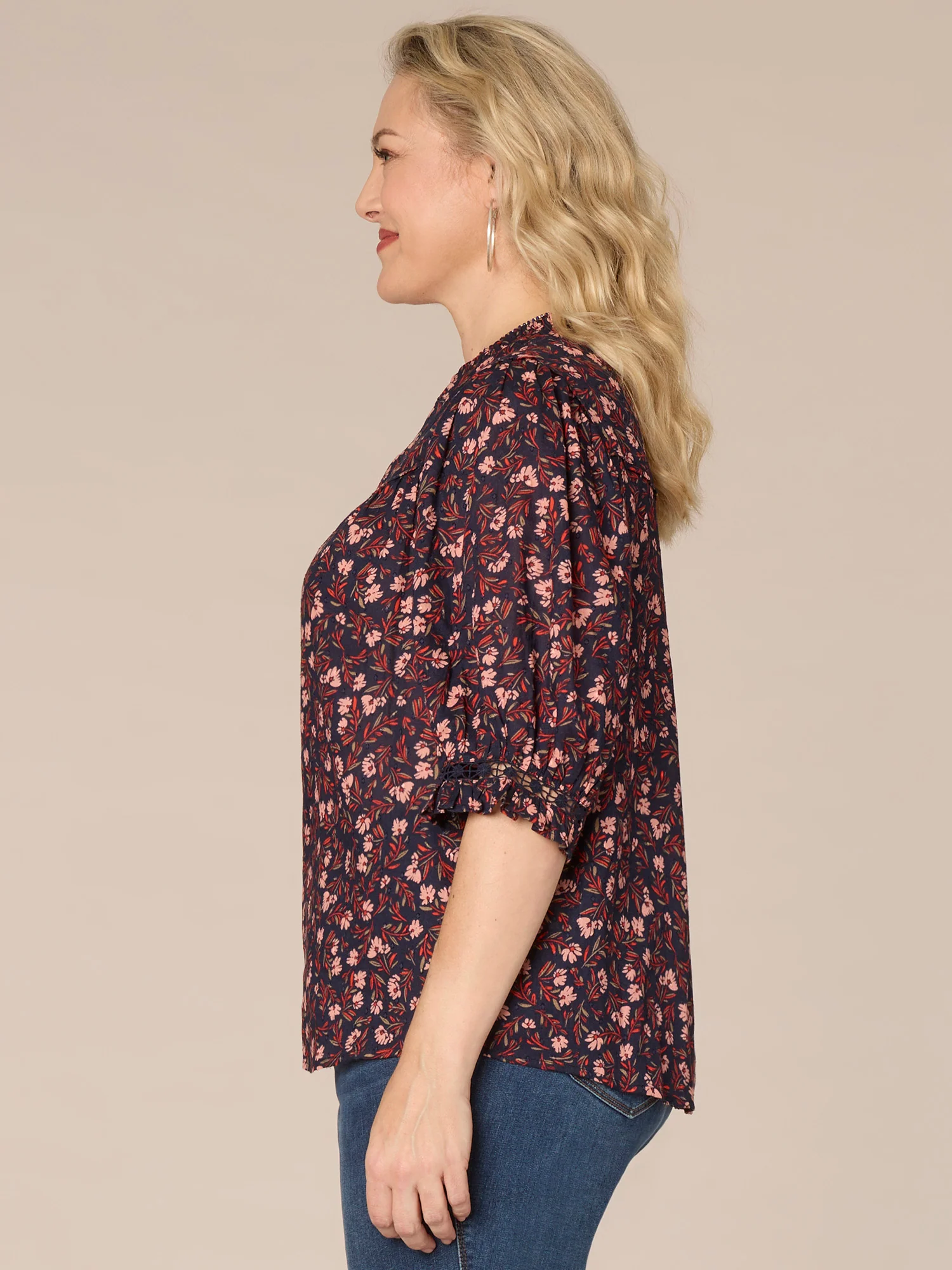 Cinched Sleeve Ruffle V-Neck Crochet Inset Printed Plus Size Woven Top - Legahigh