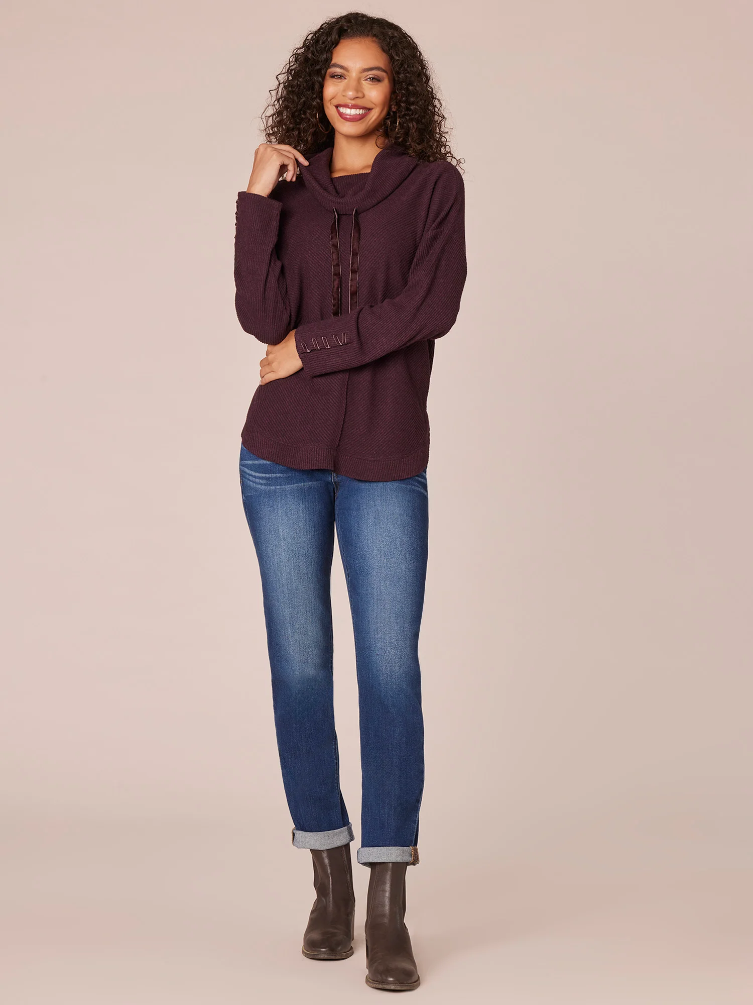 Long Sleeve Cowl Neck Petite Knit Tunic with Ribbon Detail - Legahigh