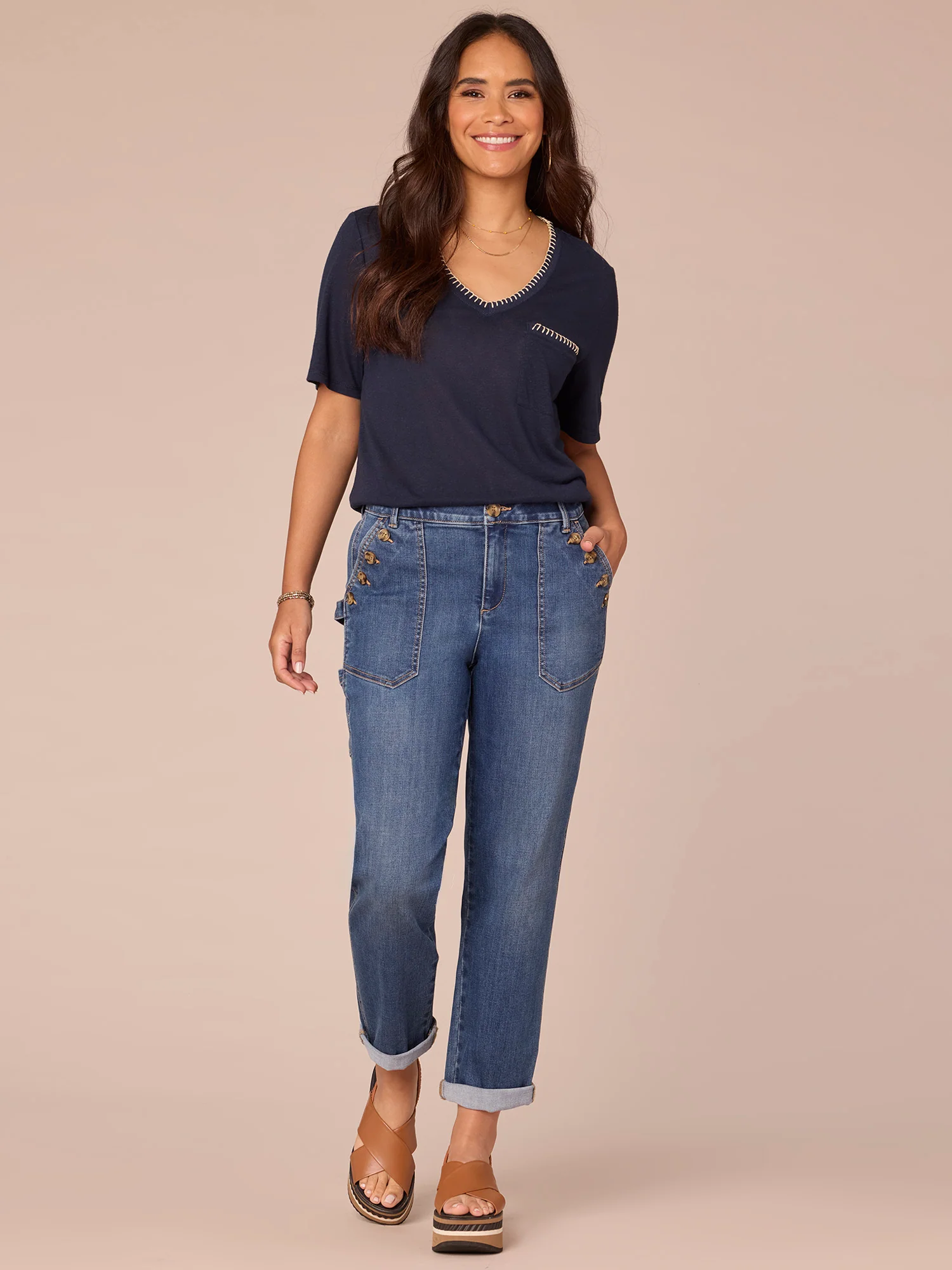 Short Sleeve V-Neck Contrast Blanket Stitch Pocket Knit Top - Legahigh