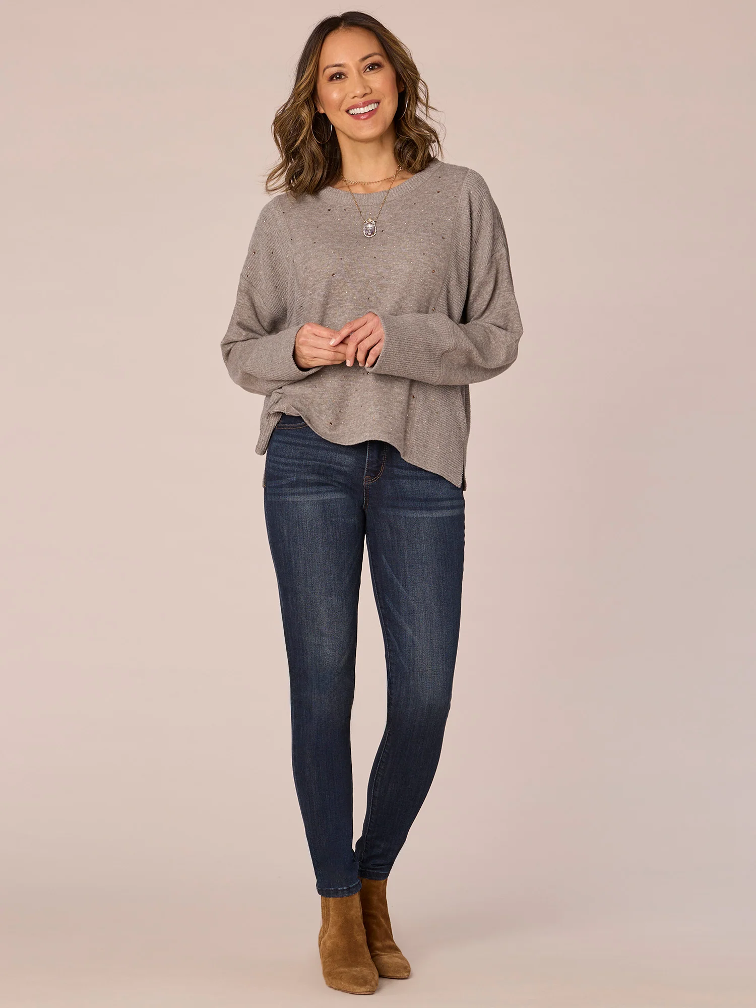 Long Straight Sleeve Scoop Neck Rhinestone Mixed Media Knit Top - Legahigh