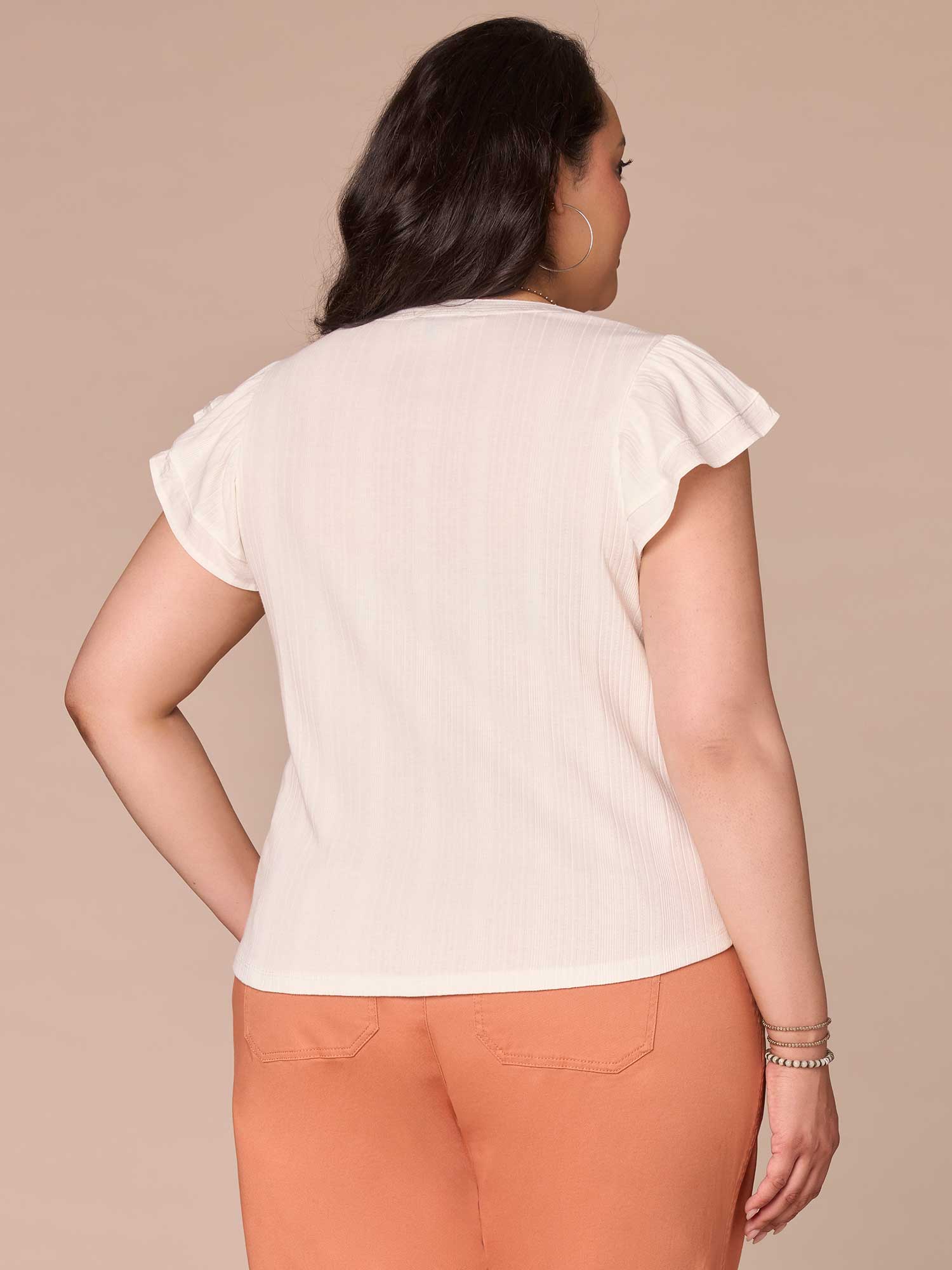 Flutter Cap Sleeve Round Split Neck Mixed Media Plus Size Knit Top - Legahigh