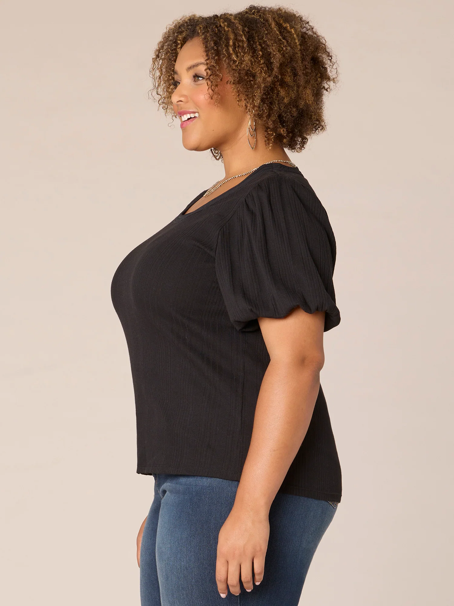 Short Blouson Bubble Sleeve Scoop Neck Ringer Plus Size Knit Top - Legahigh