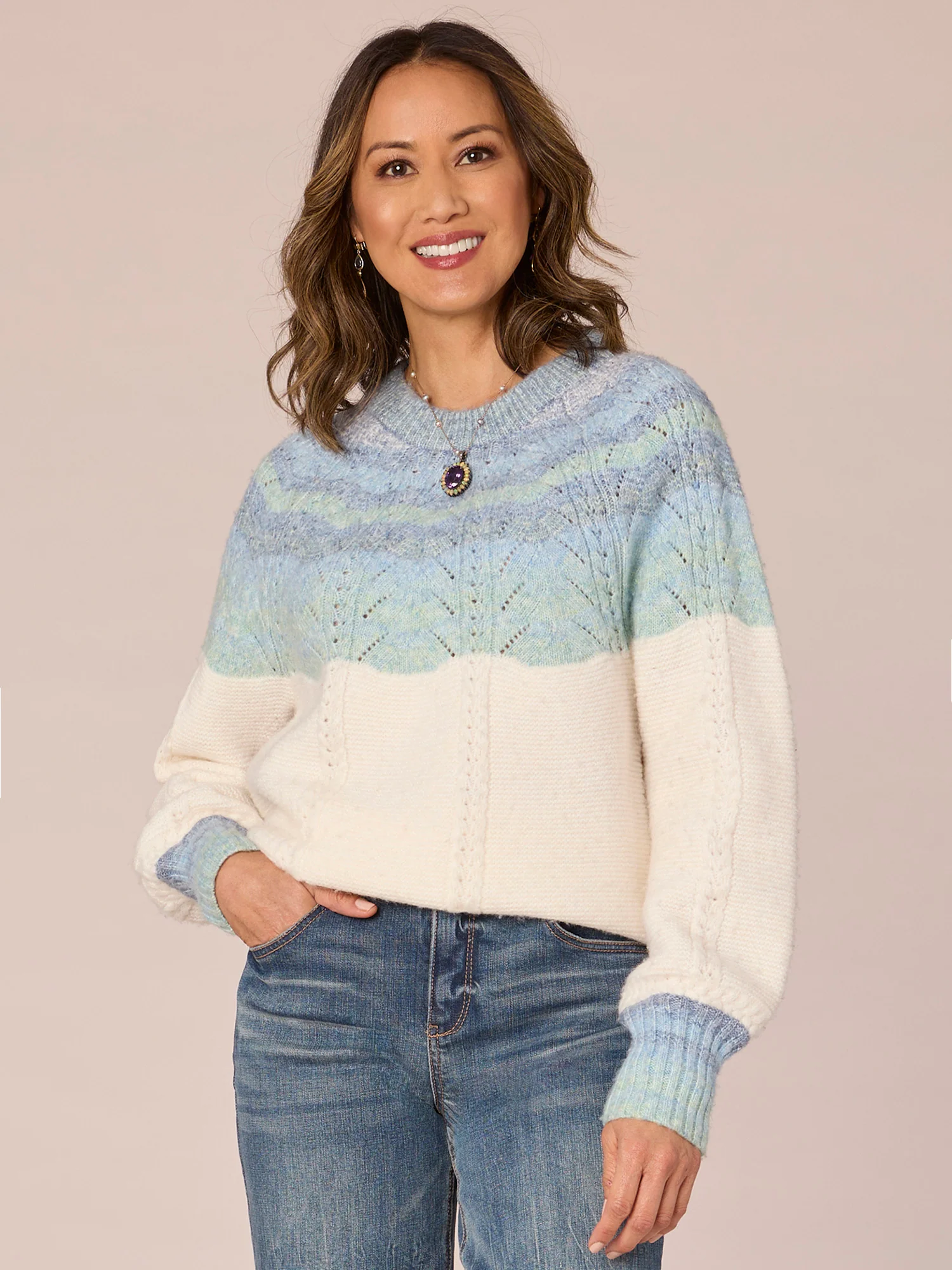 Blouson Sleeve High Round Neck Placement Stitch Petite Sweater - Legahigh