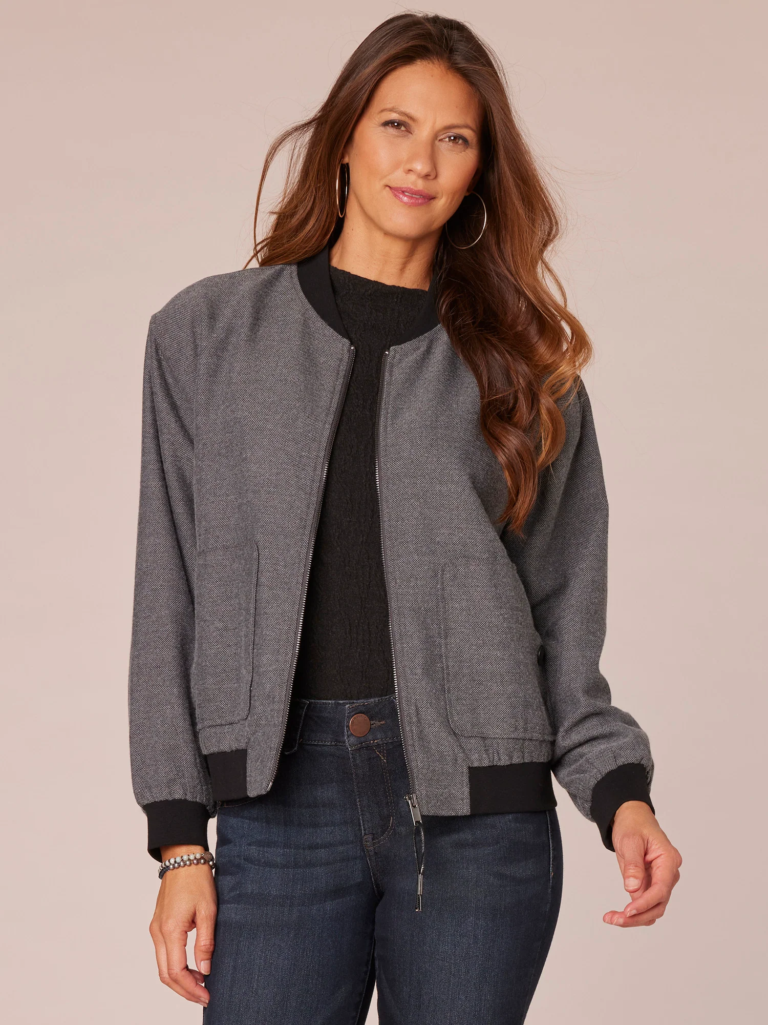 Long Sleeve Zip Front Bomber Jacket with Side Entry Patch Pockets - Legahigh