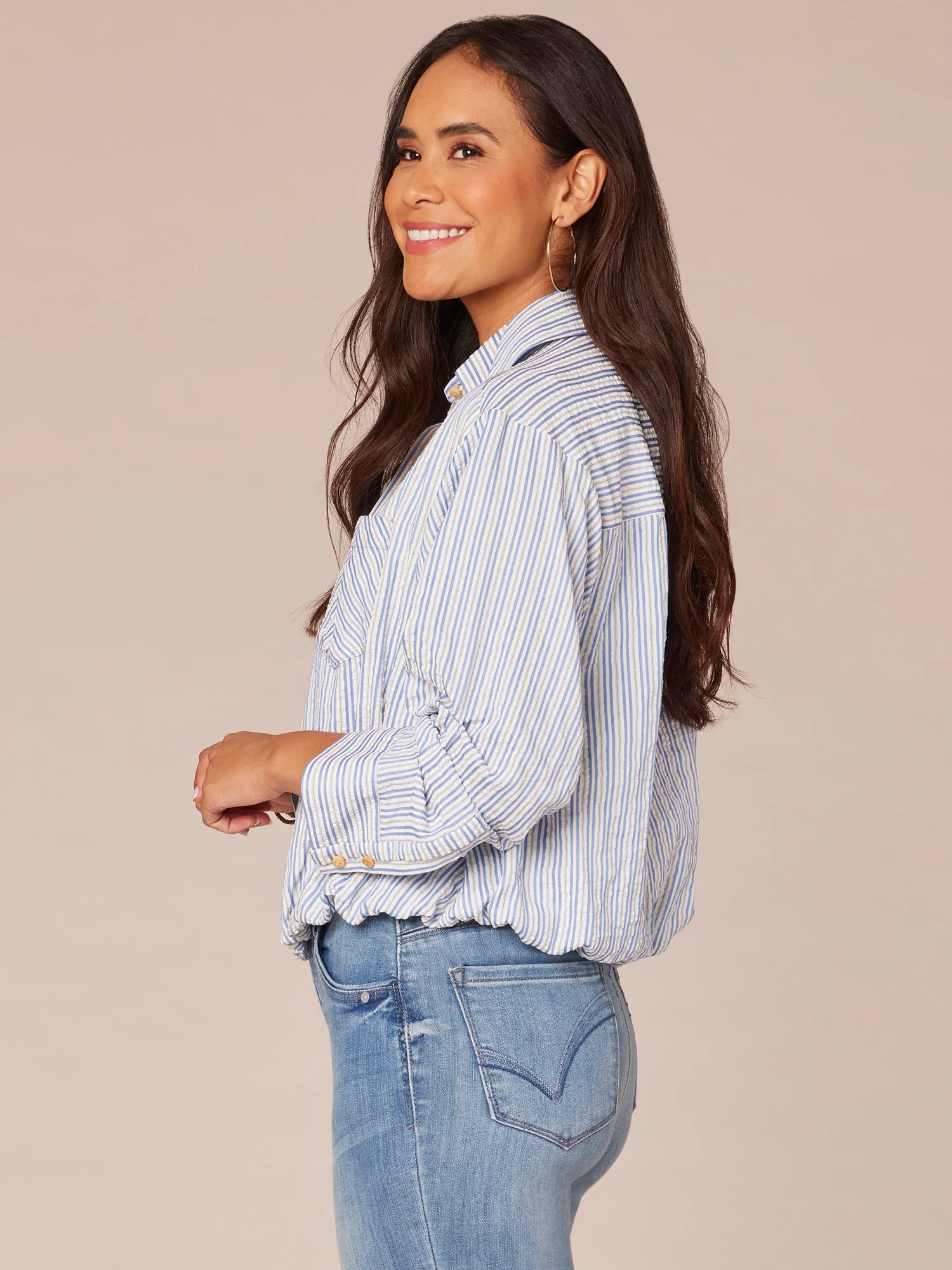 Three Quarter Tucked Sleeve Button Down Spliced Stripe Woven Shirt - Legahigh
