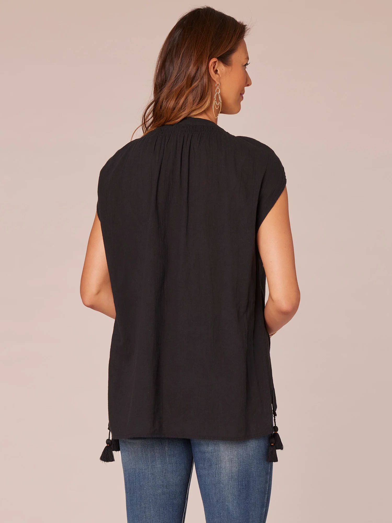 Extended Shoulder Cap Sleeve Stand Collar Jacquard Tassel Woven Top - Legahigh