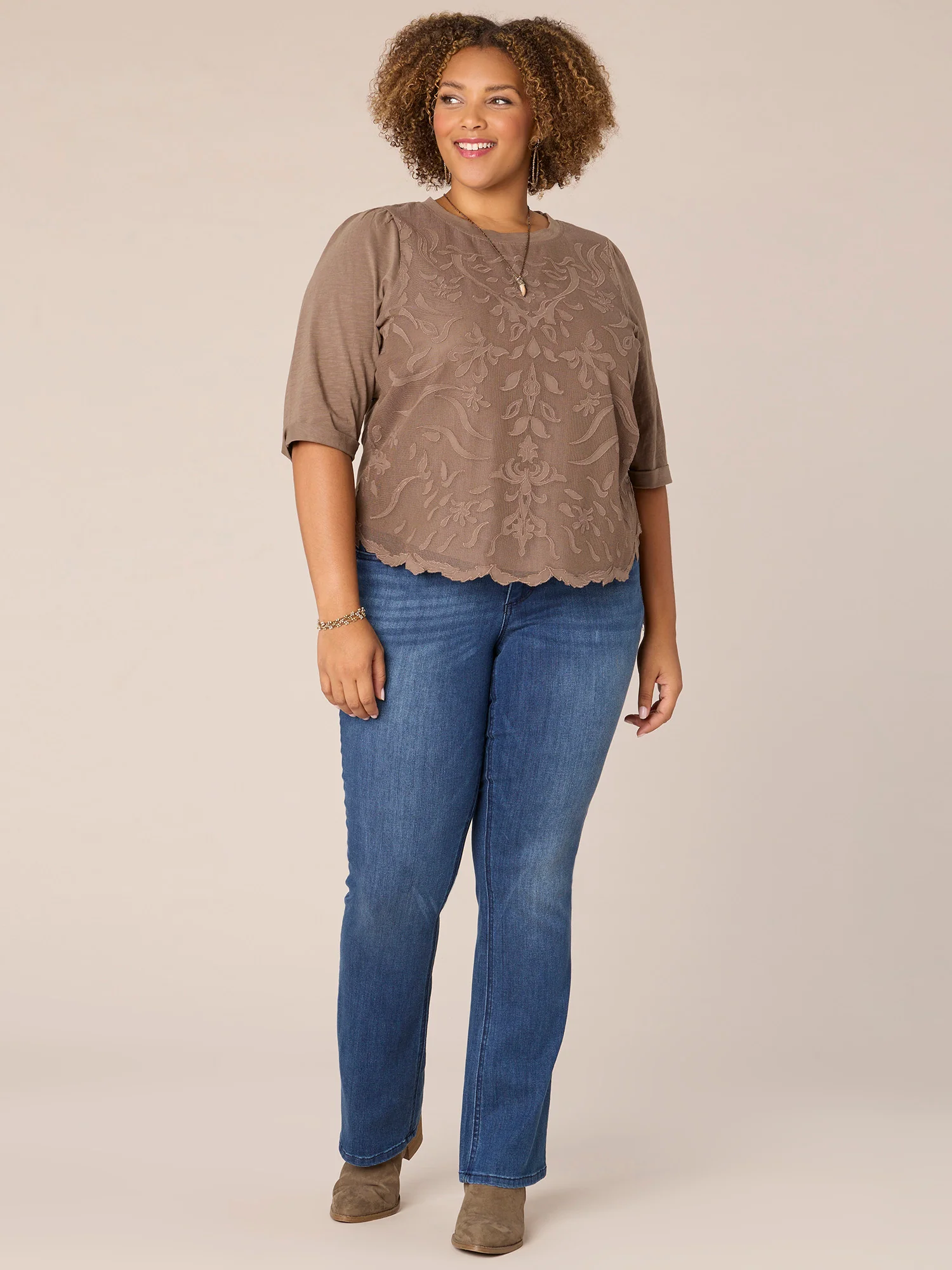 Elbow Puff Sleeve Round Neck Embroidered Plus Size Woven Top - Legahigh