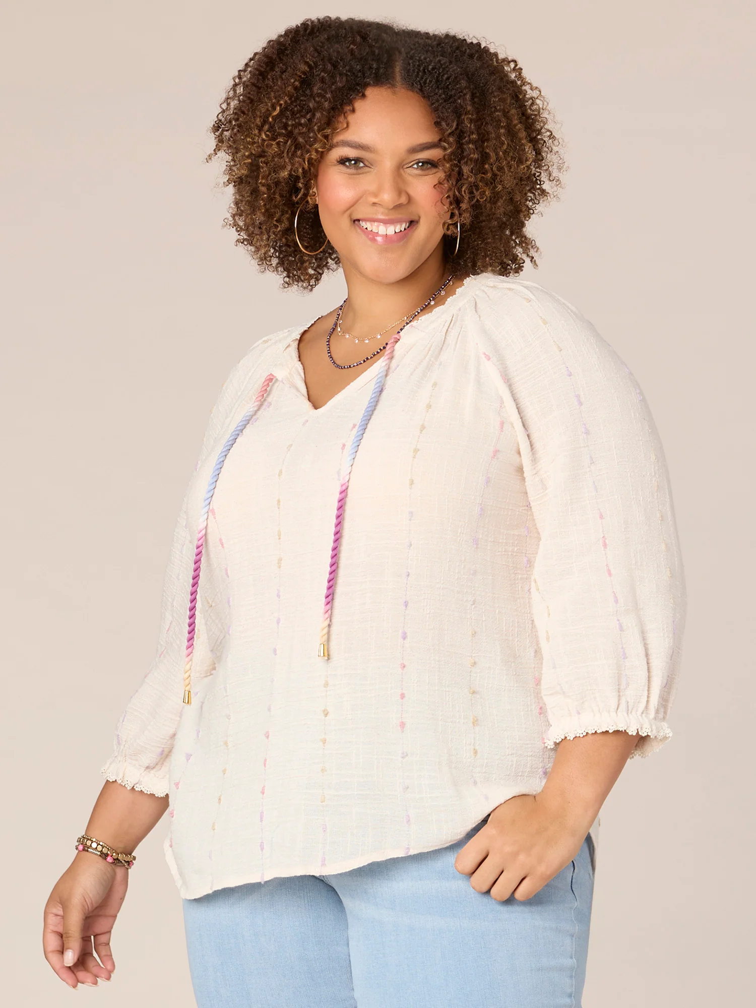 Plus Size Blouson Sleeve V-Neck Braided Tie Crochet Trim Woven Top - Legahigh