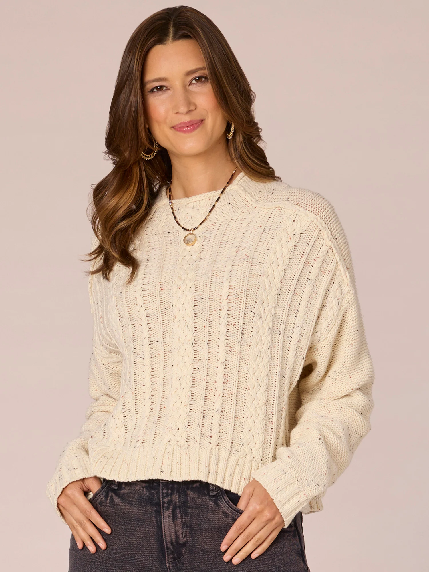 Long Sleeve Funnel Neck Placement Cable Knit Sweater - Legahigh