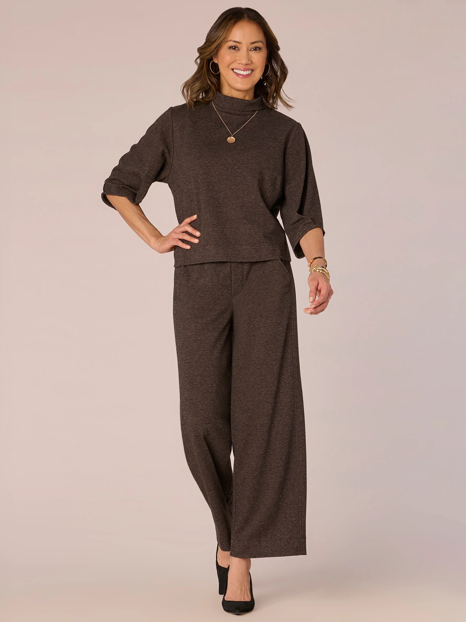 Pleated Elbow Sleeve Mock Neck Cropped Knit Top - Legahigh