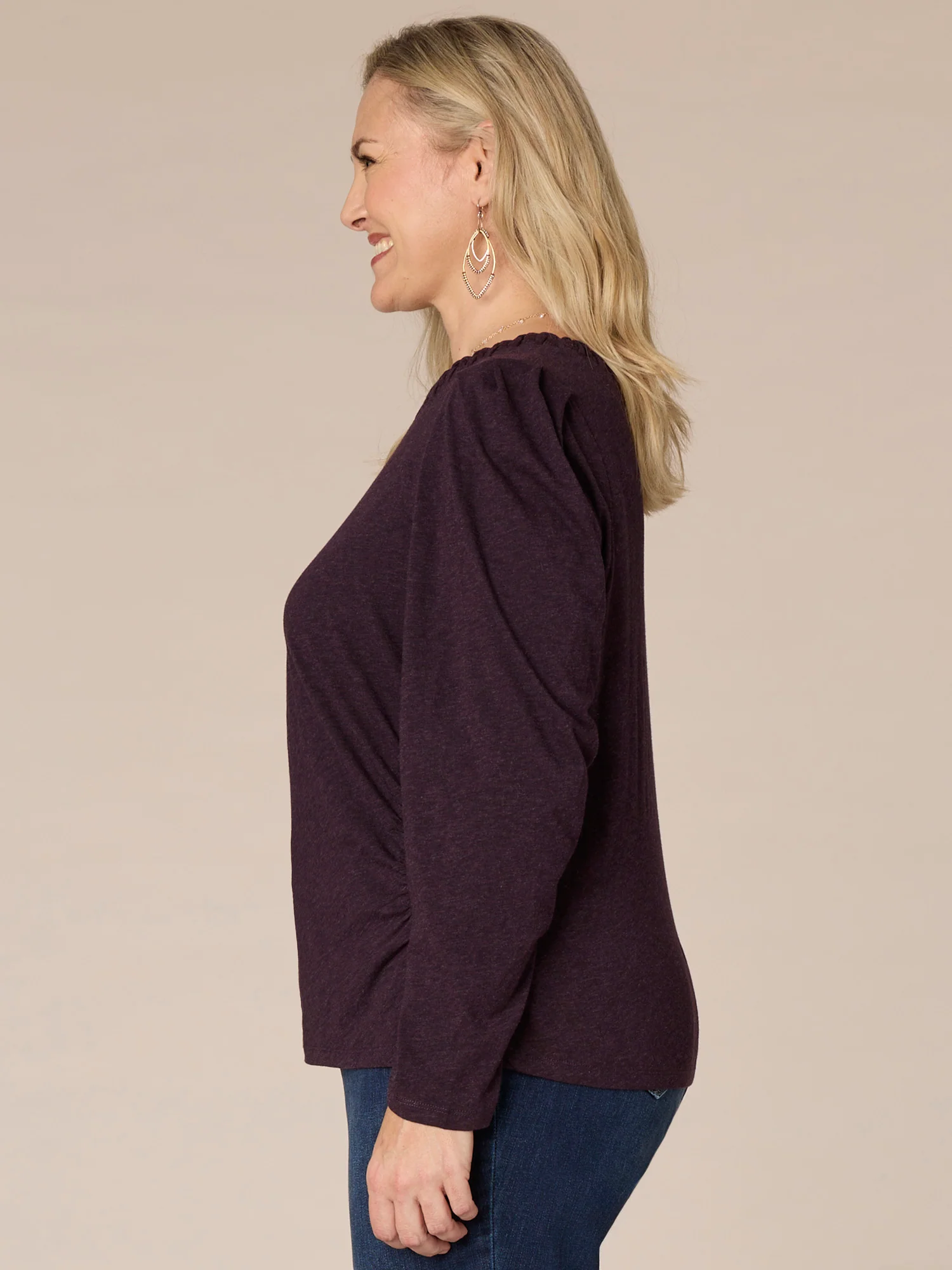Long Sleeve Ruched Plus Size Knit Top with Soutache Embroidered Neck - Legahigh